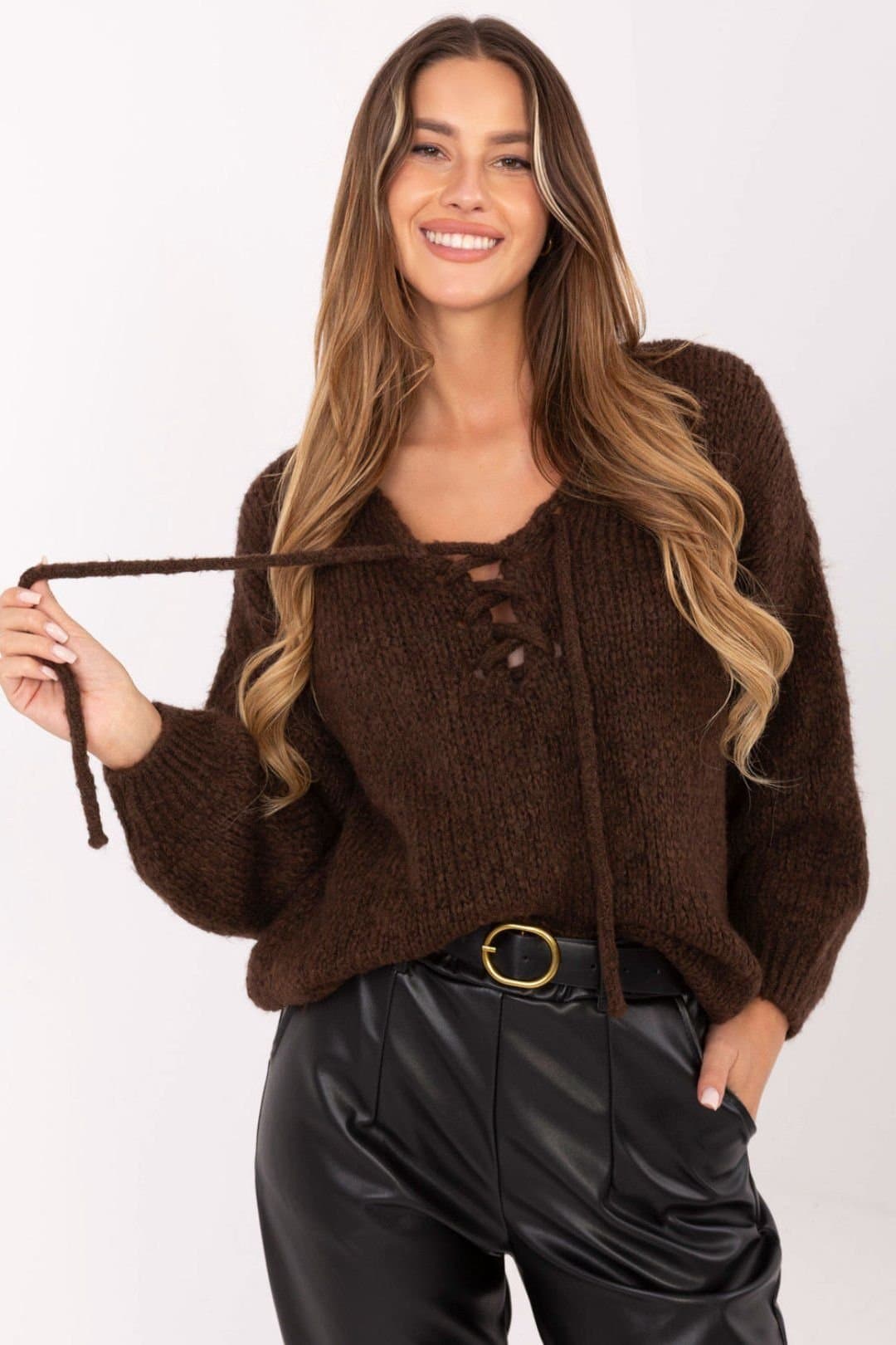 Love Lace Love Lace Women's Corset Laced Casual Knit Sweater in Brown