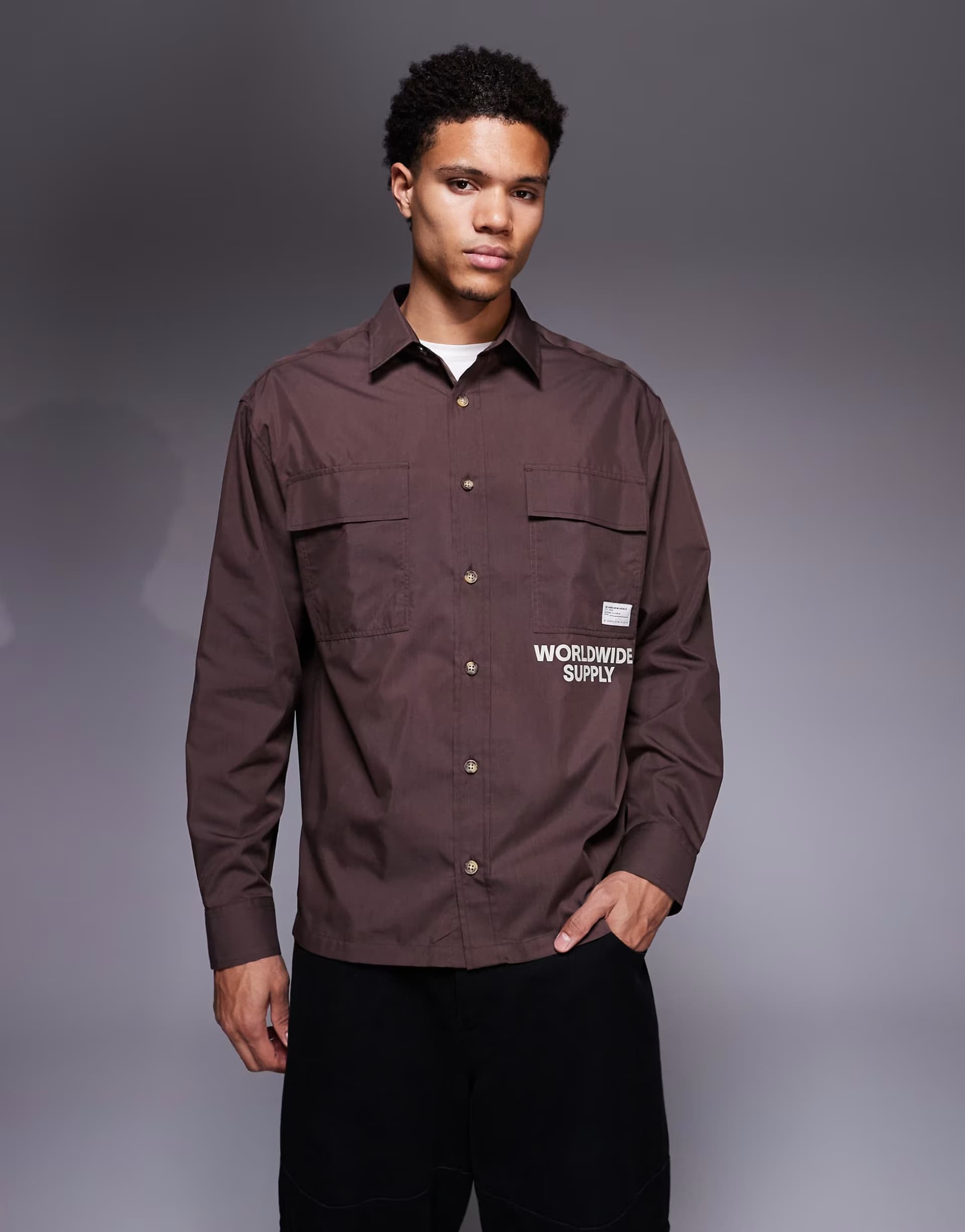 ASOS ASOS DESIGN oversized shirt with front print and patch in dark brown