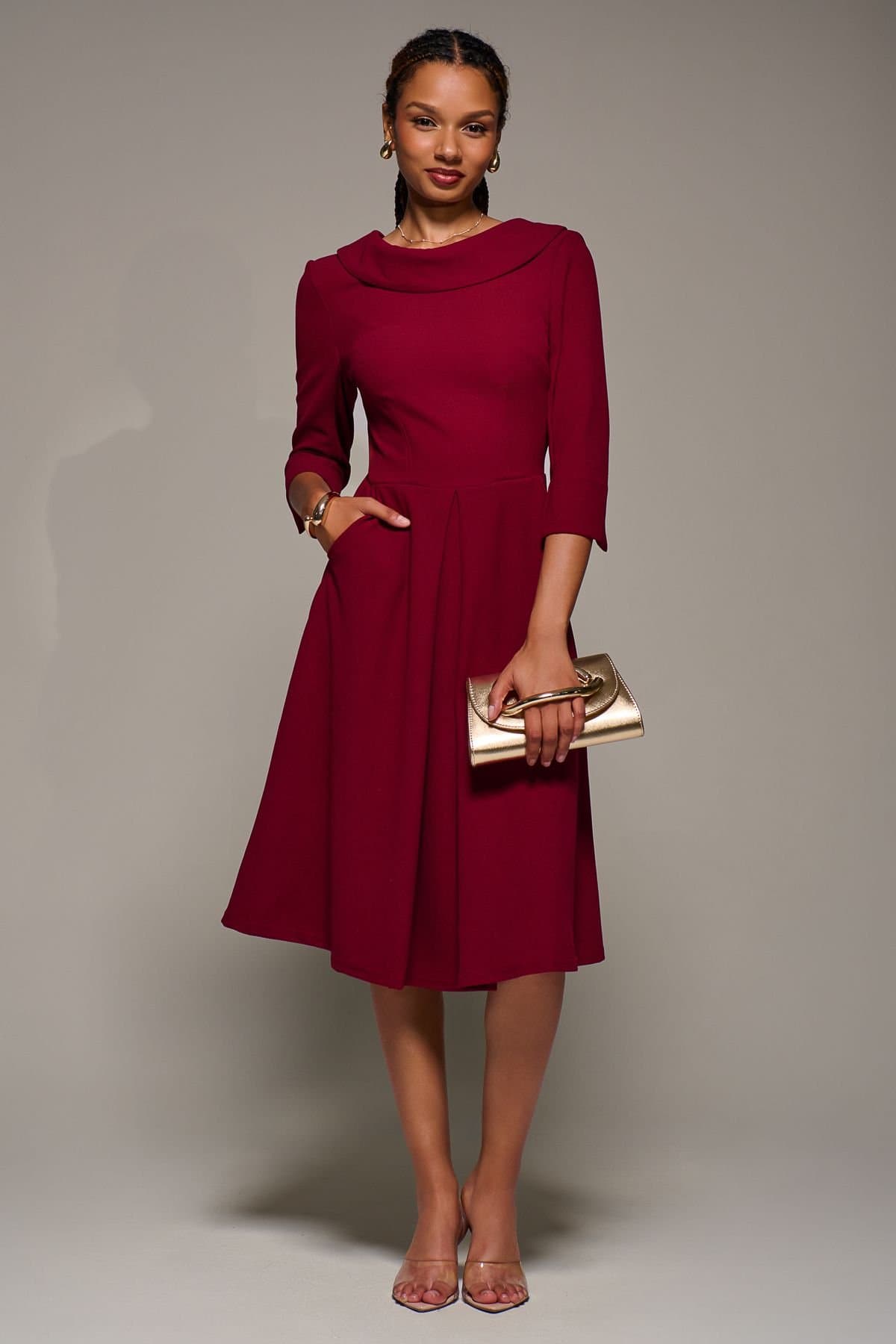 Jolie Moi Jolie Moi Women's Roll Neck Fit & Flare Midi Dress in Dark Red