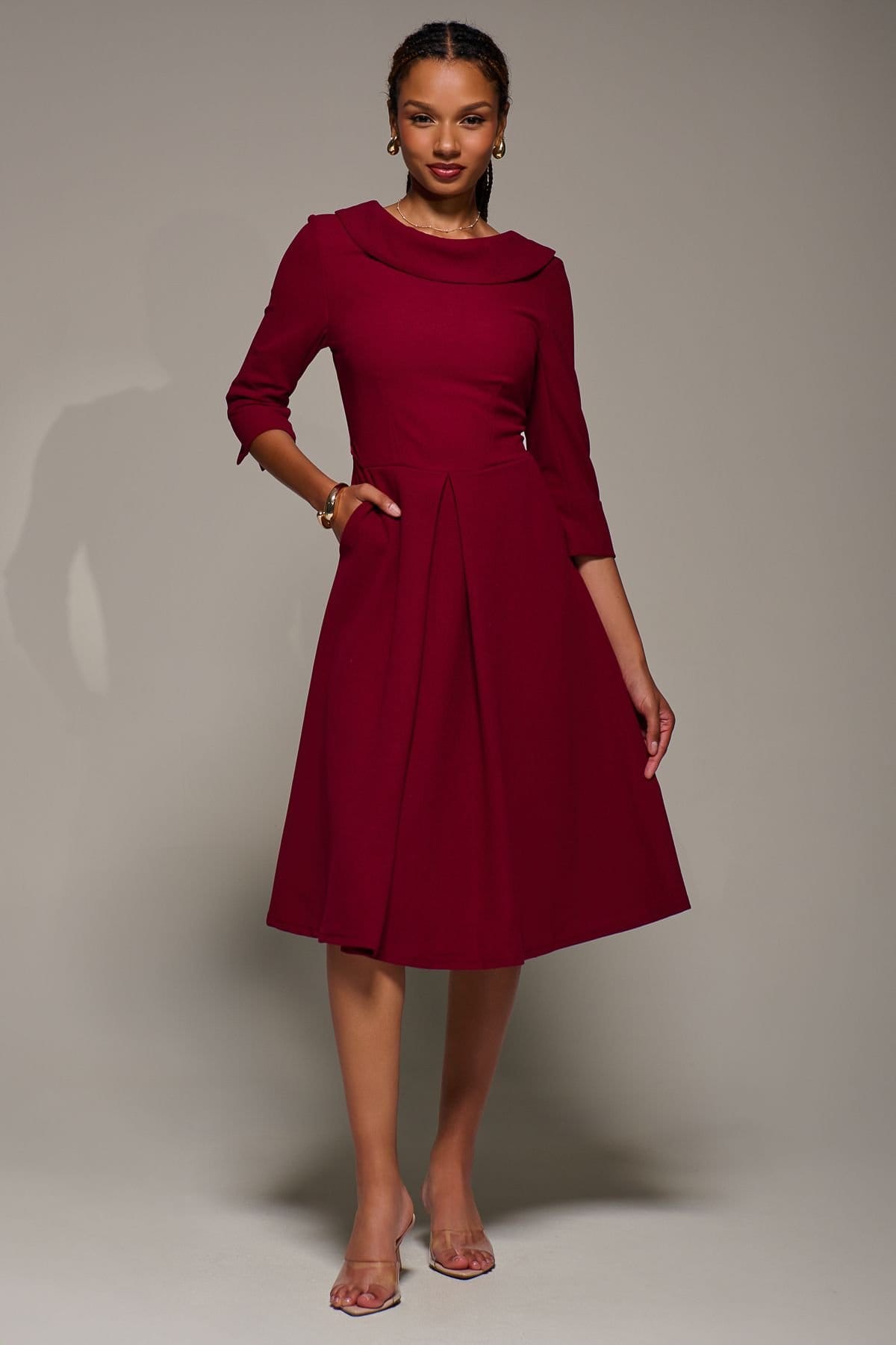 Jolie Moi Jolie Moi Women's Roll Neck Fit & Flare Midi Dress in Dark Red - 4