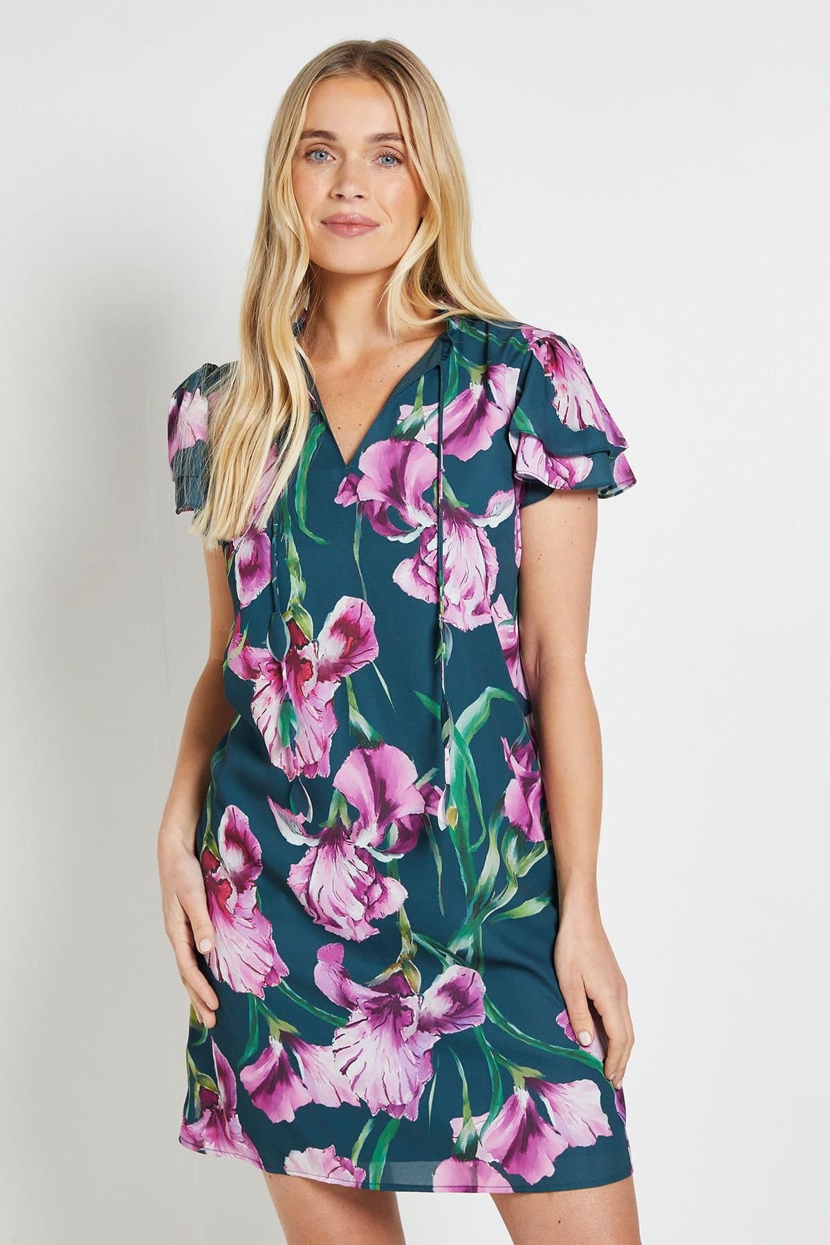 Wallis Wallis Women's Petite Floral Ruffle Neck Shift Dress in Green