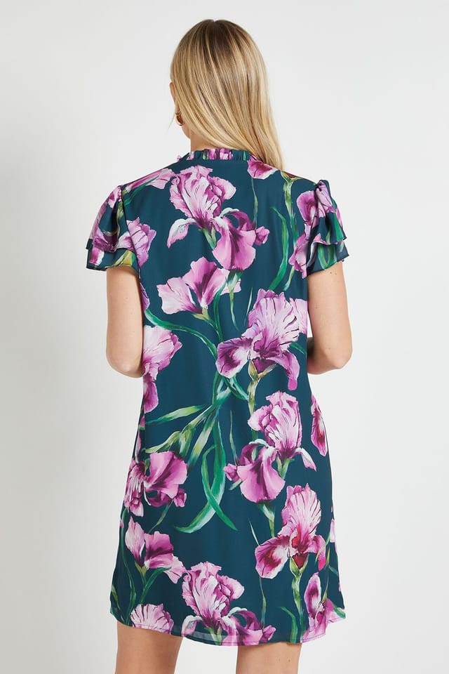 Wallis Wallis Women's Petite Floral Ruffle Neck Shift Dress in Green - 3