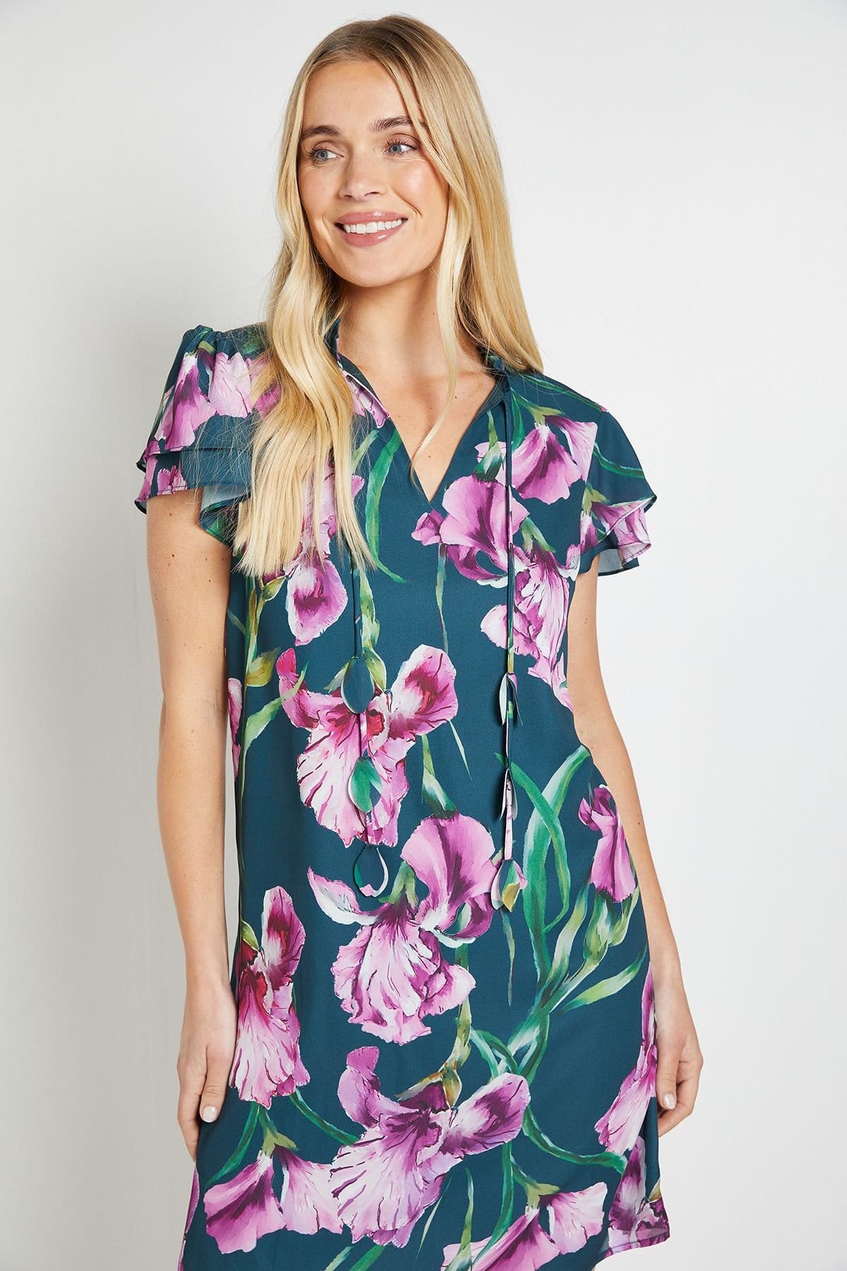 Wallis Wallis Women's Petite Floral Ruffle Neck Shift Dress in Green - 4