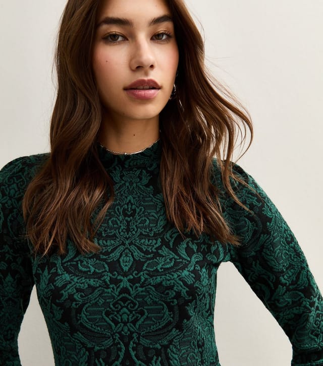 New Look Women's Dark Green Jacquard High Neck Mini Dress New Look - 2