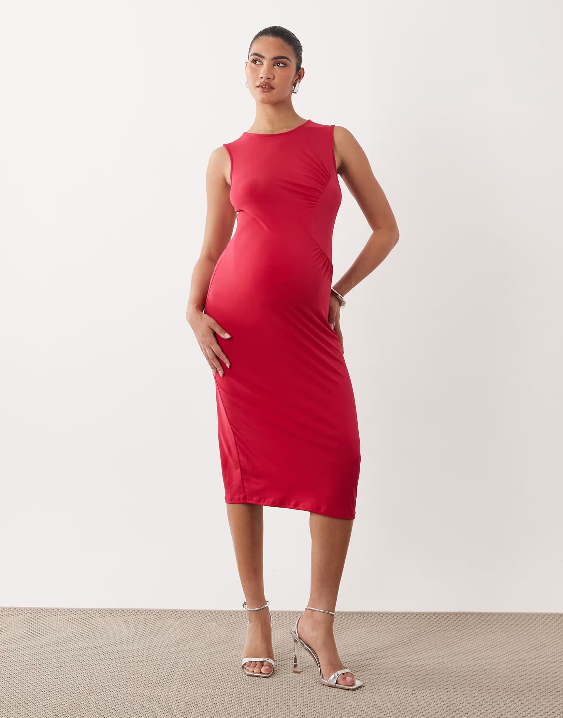 ASOS Mamalicious Maternity sleeveless side ruched detail slinky midi dress in red