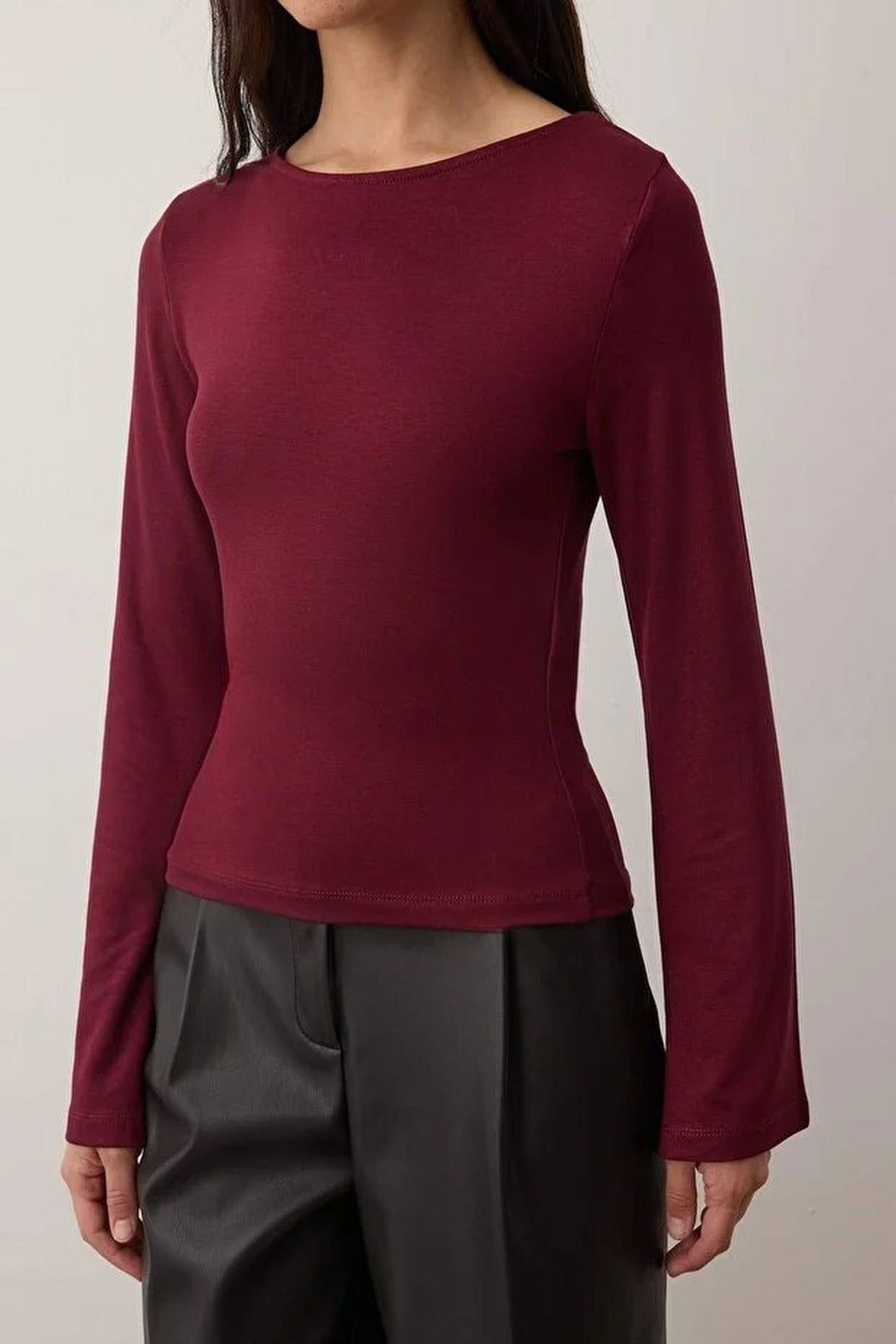 WOVCOR WOVCOR Women's Fitted Boat Neck Long Sleeve Soft Stretch Knit Blouse in Burgundy - 2