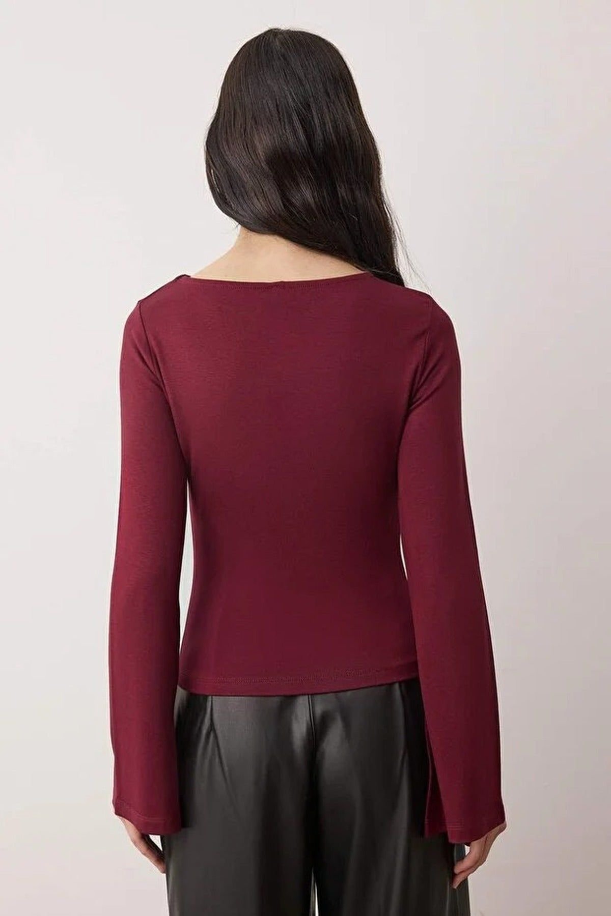 WOVCOR WOVCOR Women's Fitted Boat Neck Long Sleeve Soft Stretch Knit Blouse in Burgundy - 3