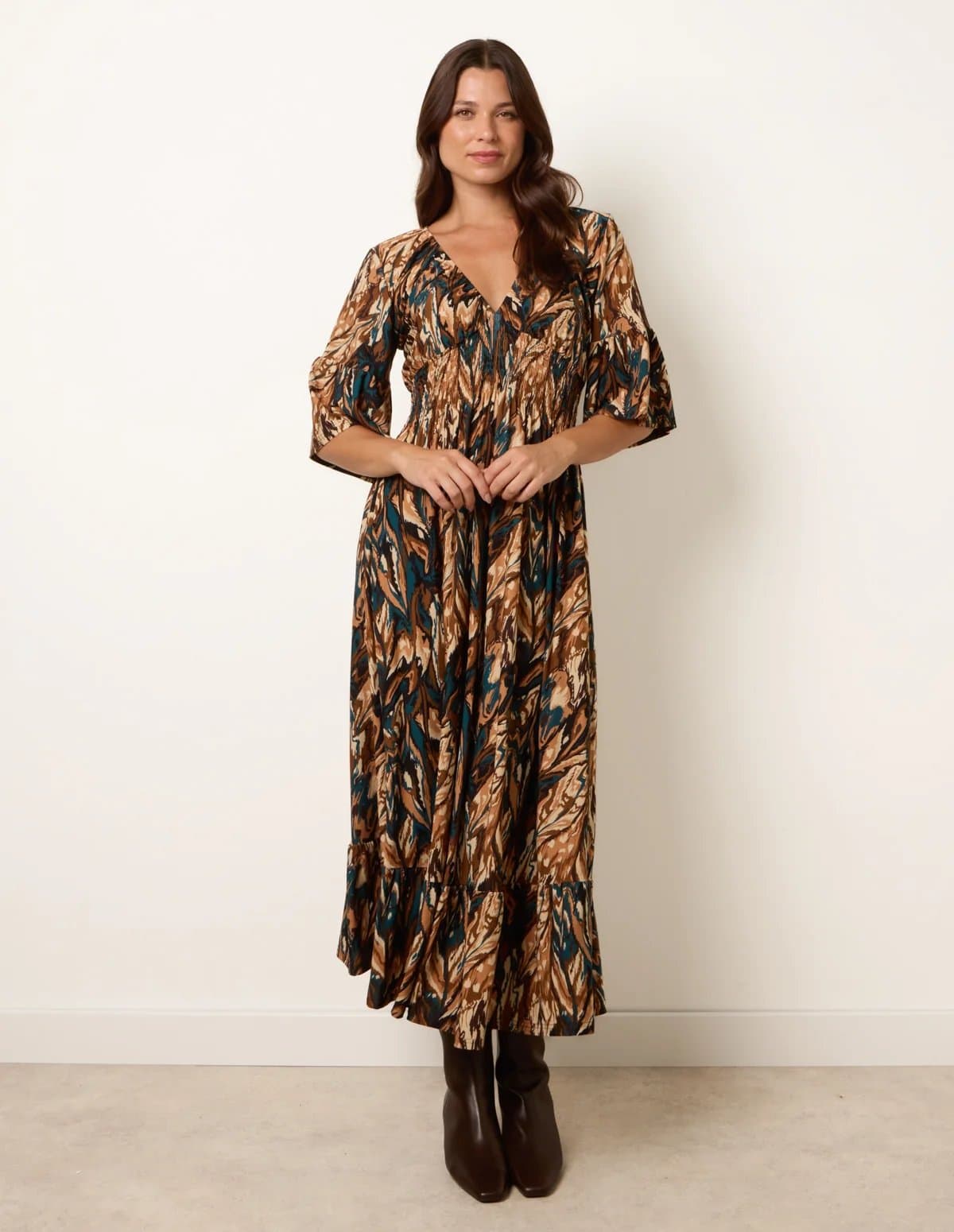 Blue Vanilla Elasticated Shirred Waist V Neck Midi Dress