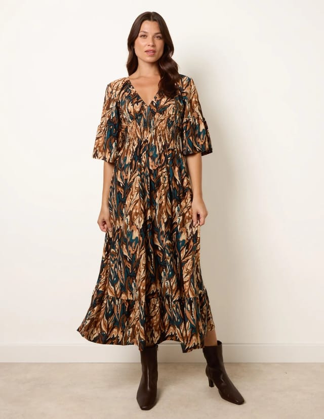Blue Vanilla Elasticated Shirred Waist V Neck Midi Dress - 3