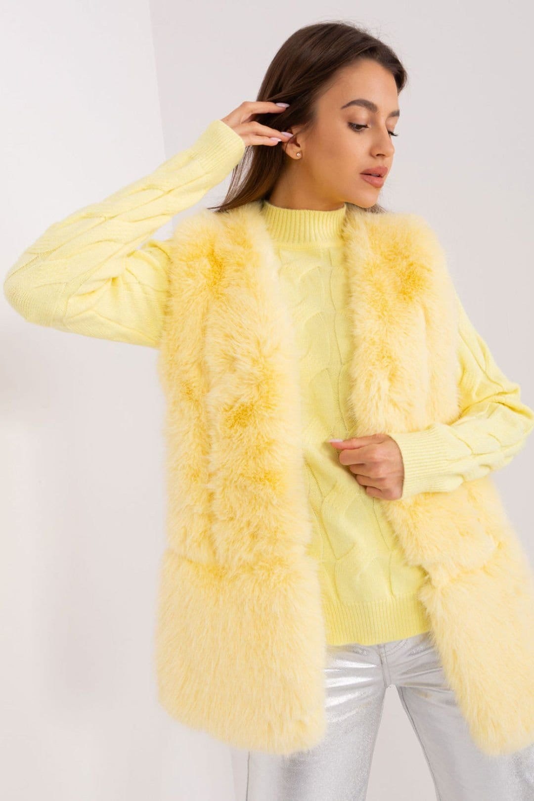 Love Lace Yellow Faux Fur Vest With Pockets