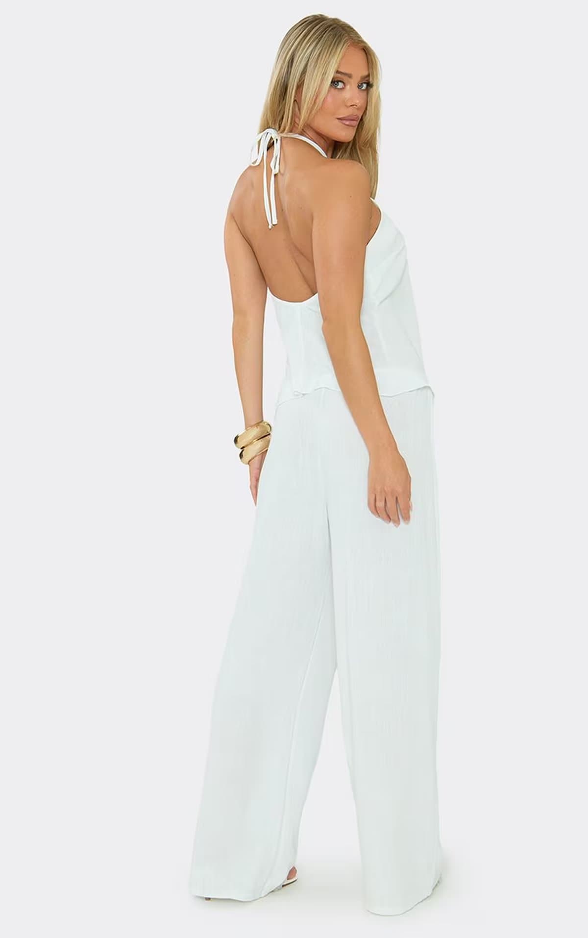 EGO Mid Rise Tie Waist Wide Leg Trousers In White Linen., Women's Size UK 6
