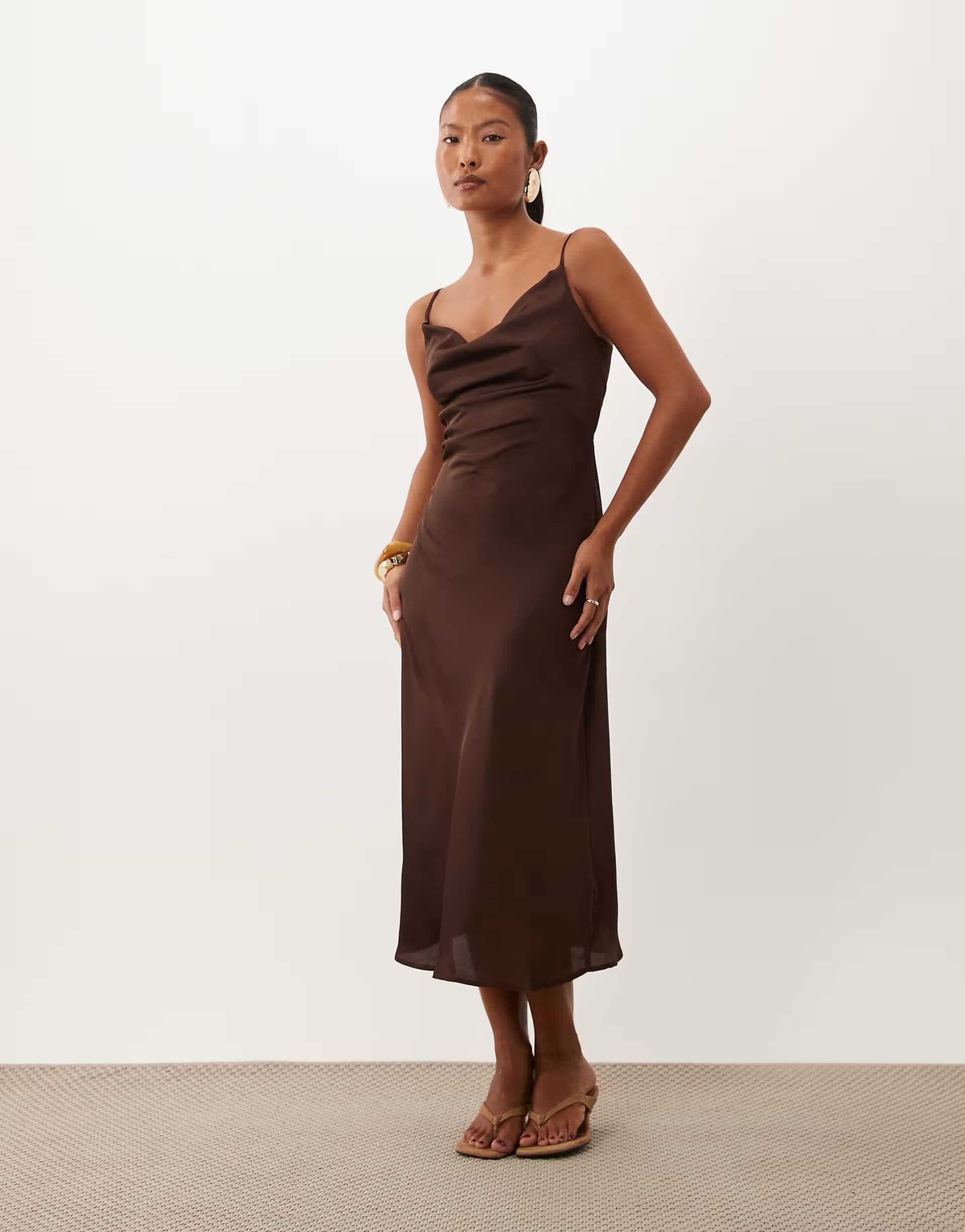 ASOS New Look Petite satin cowl neck midi dress in dark brown