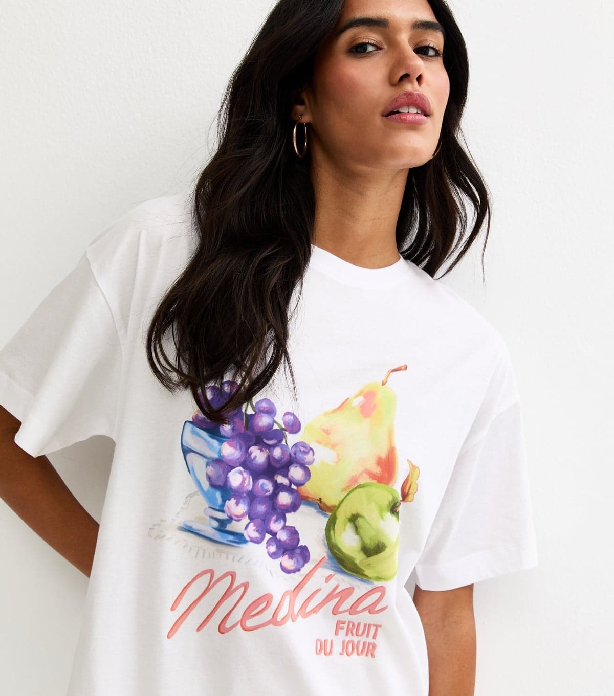 New Look Women's White Cotton Fruit Print Oversized T-Shirt New Look