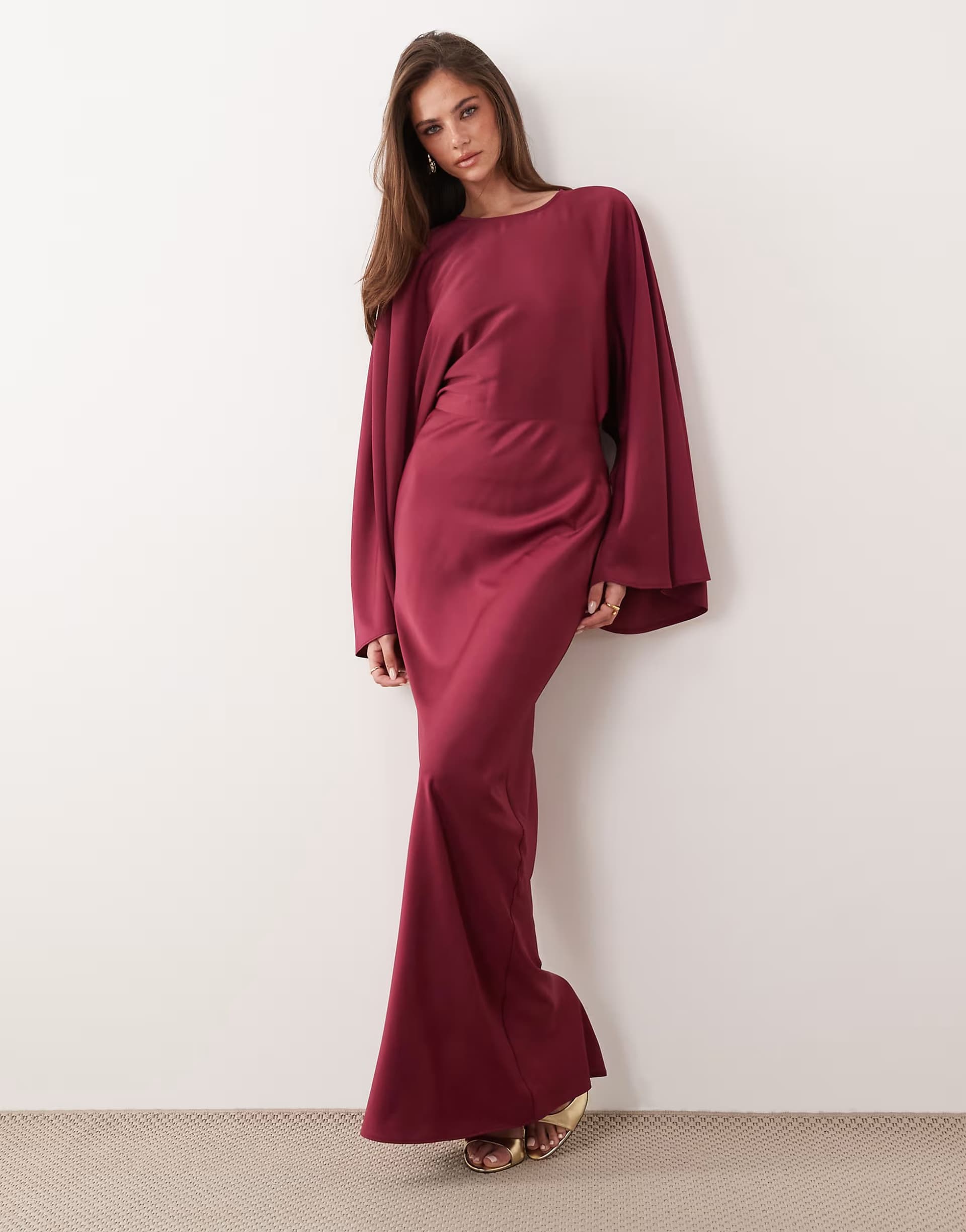 ASOS ASOS DESIGN textured satin batwing bias waisted maxi dress in raspberry