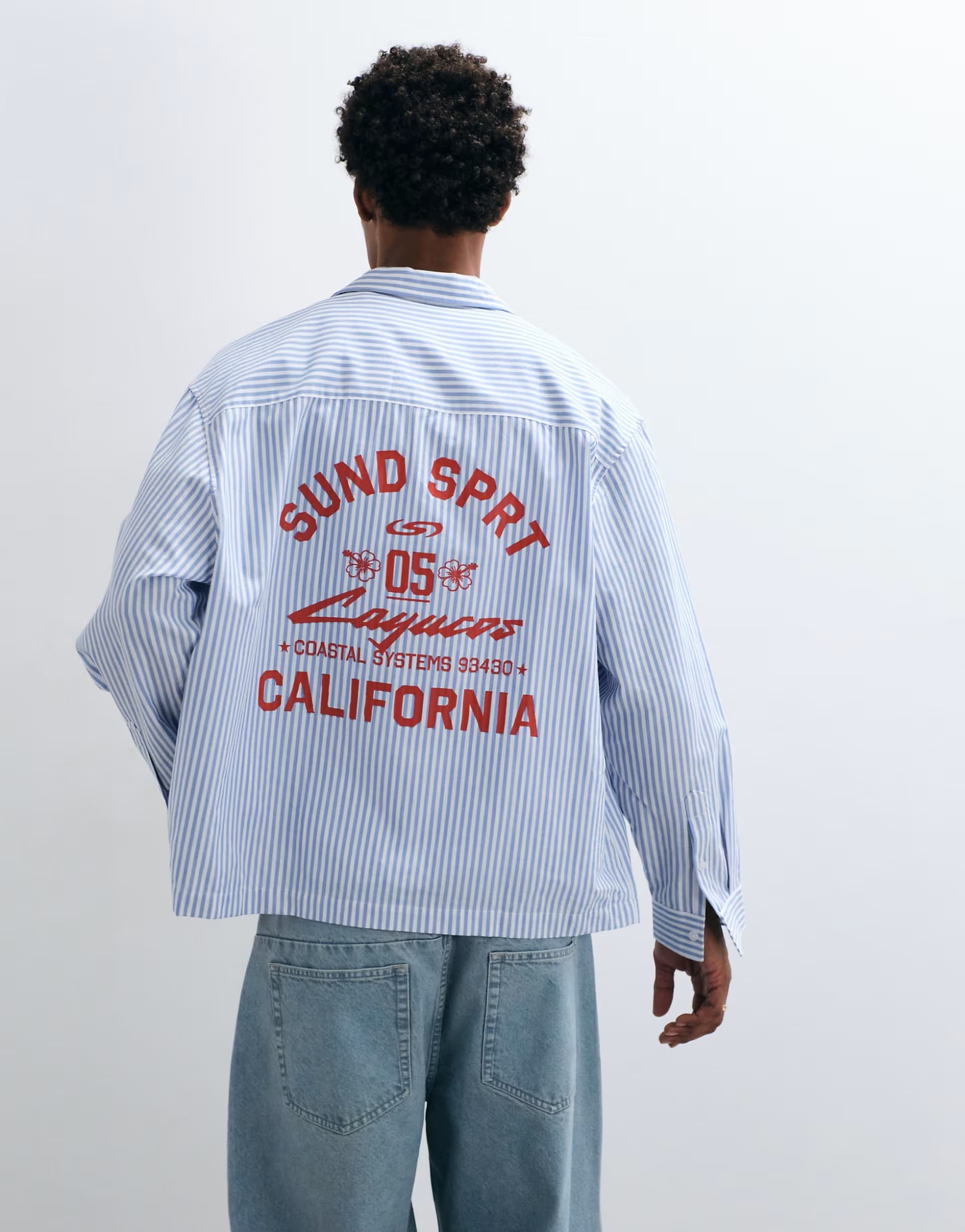 ASOS ASOS DESIGN oversized oxford stripe shirt with back and chest print in blue