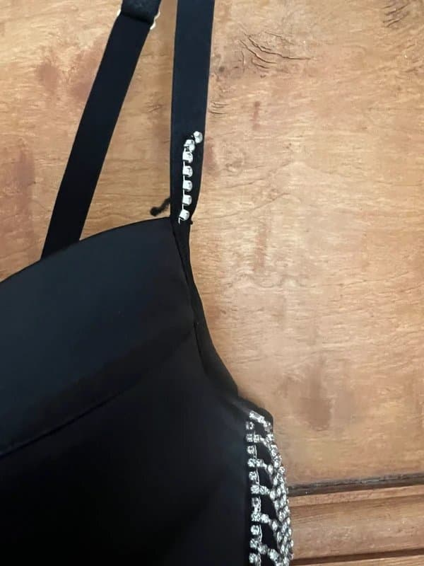 ASOS ASOS Design Fuller Bust Crystal Satin & Mesh Bodysuit with Diamante Fringing – Size UK 14 (FF Cup)