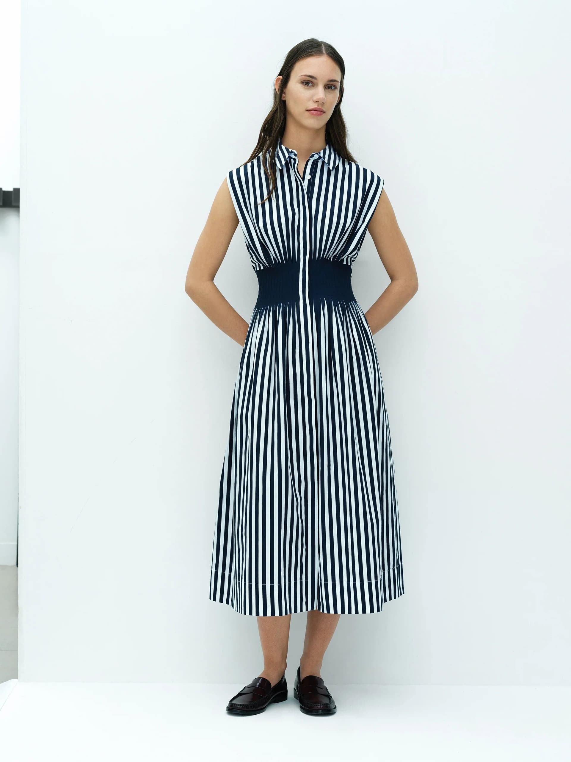 French Connection Cambria Cotton Striped Pleated Waist Midi Shirt Dress New Navy Blue/Linen White