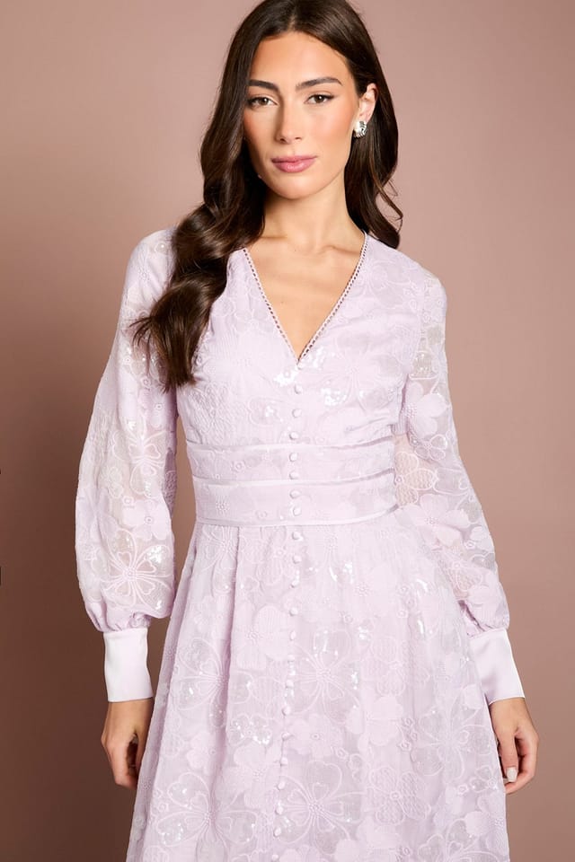 Coast Coast Women's Blouson Sleeve V Neck Sequin Floral Mesh Midaxi Dress in Lilac - 2
