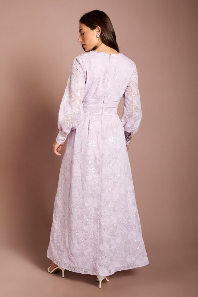 Coast Coast Women's Blouson Sleeve V Neck Sequin Floral Mesh Midaxi Dress in Lilac - 3