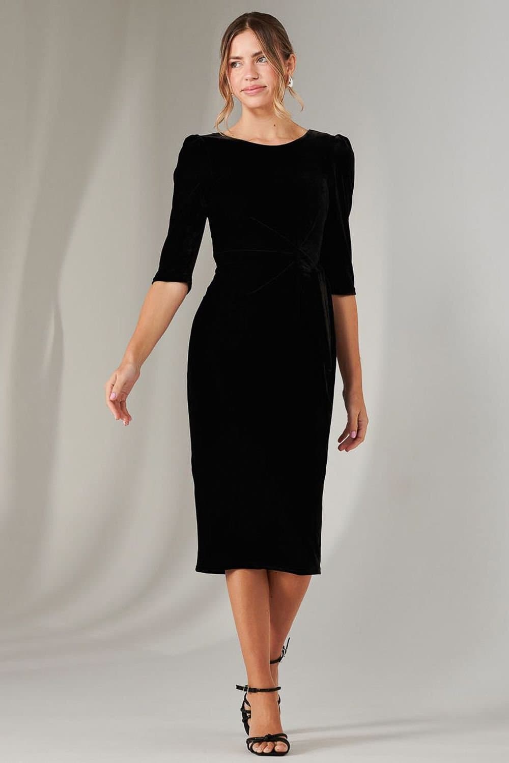 Jolie Moi Jolie Moi Women's Velvet Side Tie Midi Dress in Black