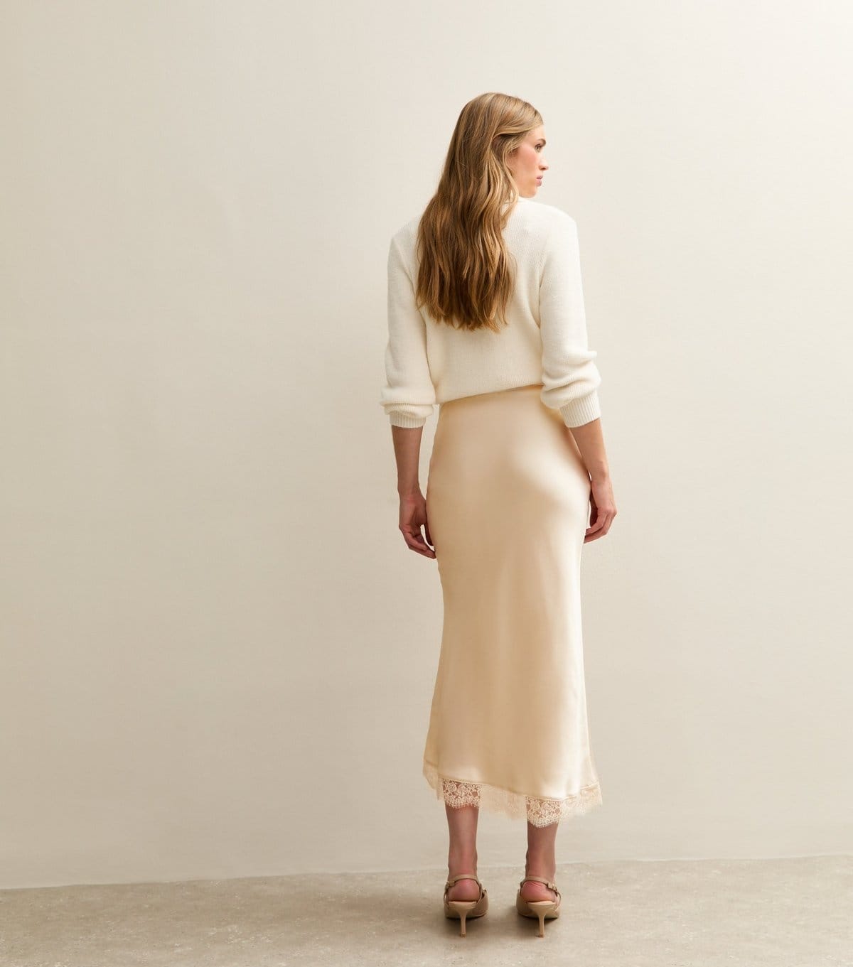 New Look Women's Cream Lace Trim Midi Satin Skirt New Look - 4