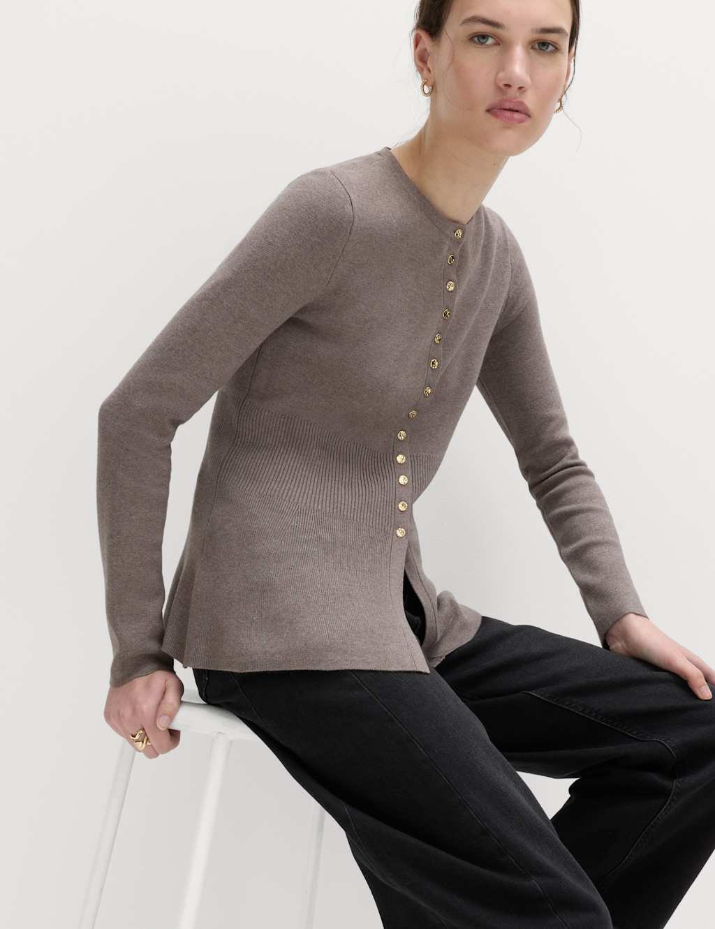 Marks & Spencer M&S Crew Neck Peplum Slim Fit Cardigan Nutmeg - 3