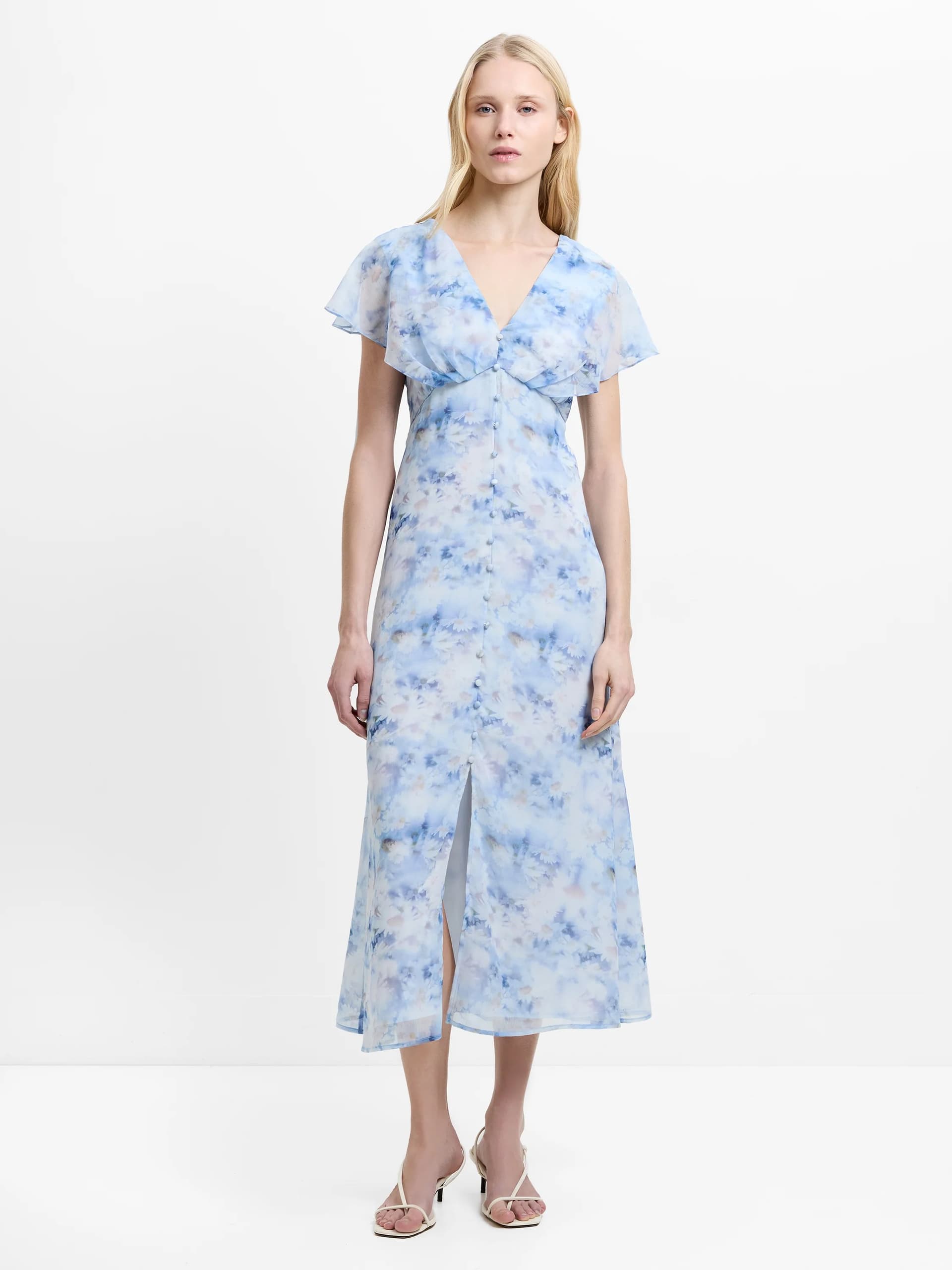 French Connection Daisy Emina Georgette Midi Dress Blue Multicoloured Floral Print