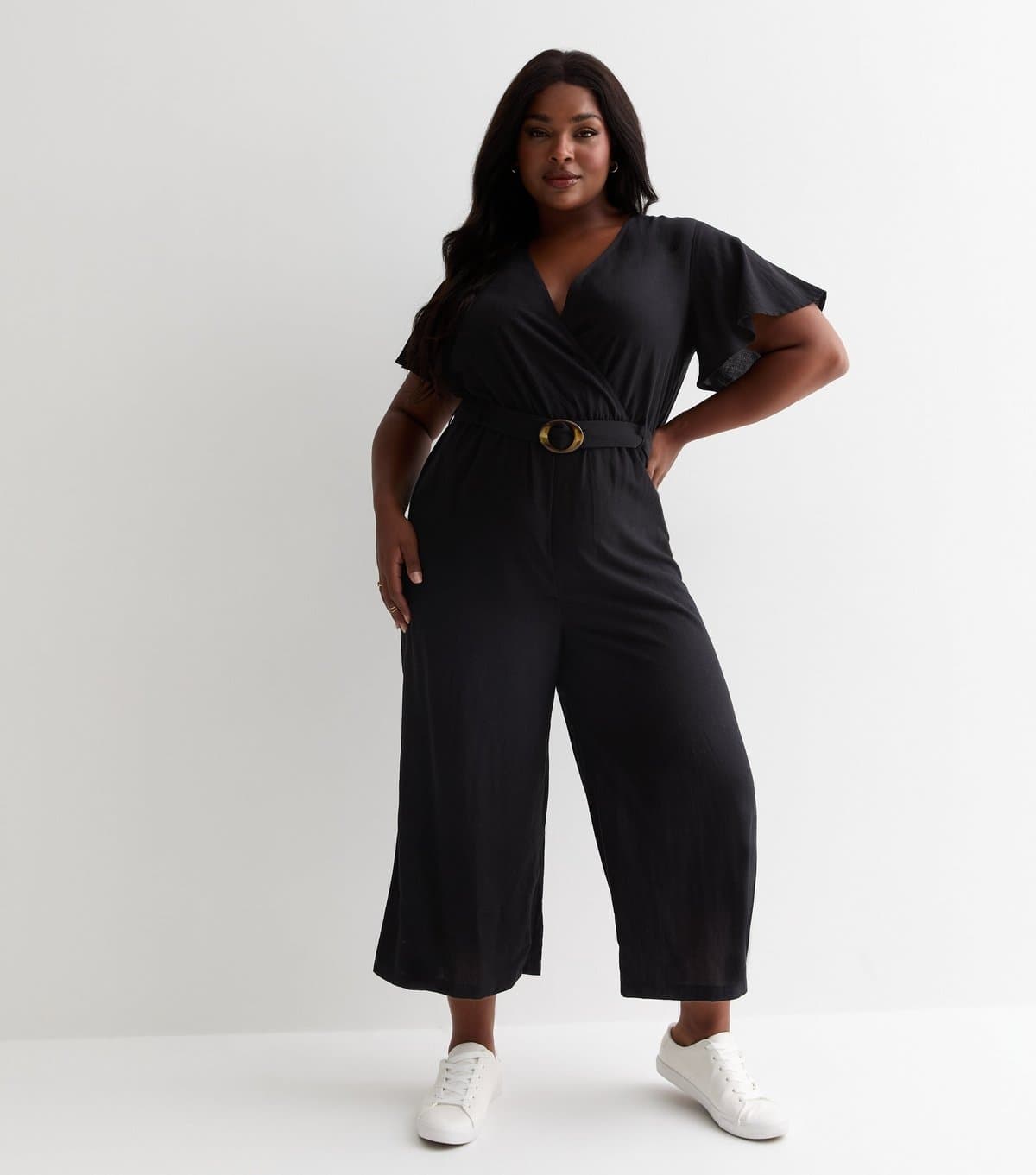 New Look Women's Plus Size Black Belted Wrap Wide Leg Jumpsuit Curves New Look