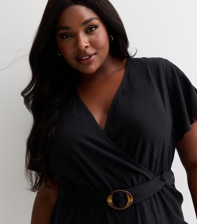 New Look Women's Plus Size Black Belted Wrap Wide Leg Jumpsuit Curves New Look - 2