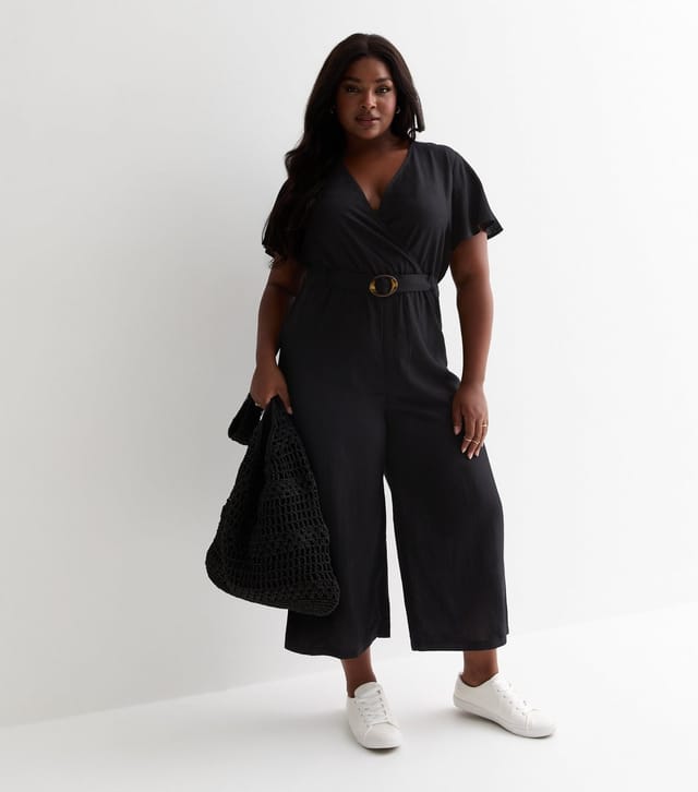 New Look Women's Plus Size Black Belted Wrap Wide Leg Jumpsuit Curves New Look - 3