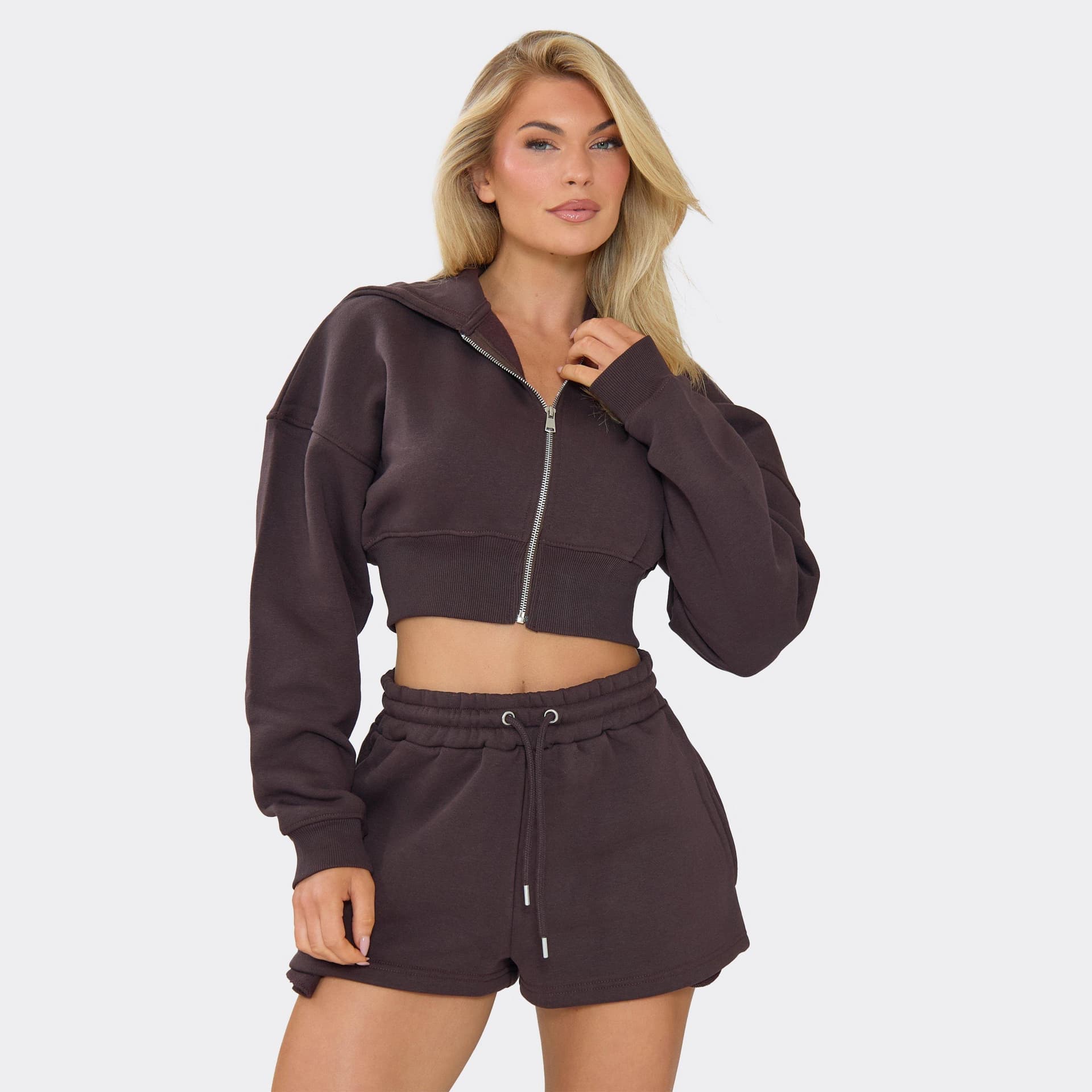 EGO EGO Brown Zip-Through Cropped Hoodie