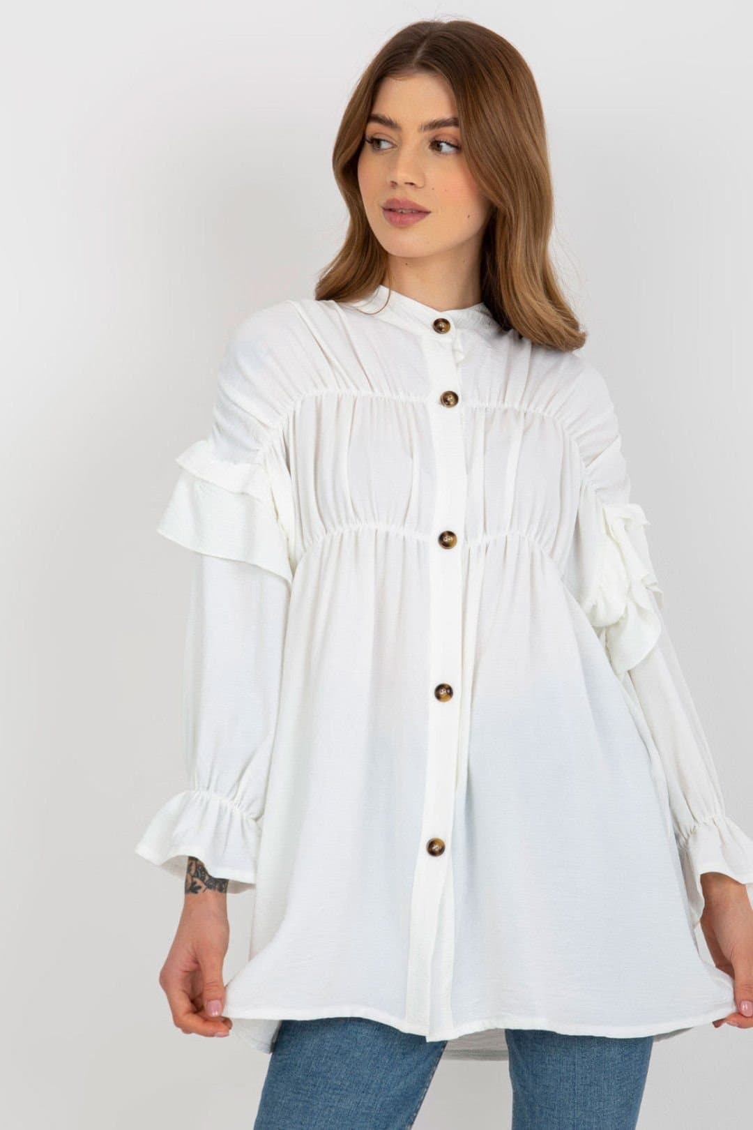 Love Lace Love Lace Women's Long Sleeve Loose Button Down Shirt Ruffles in White
