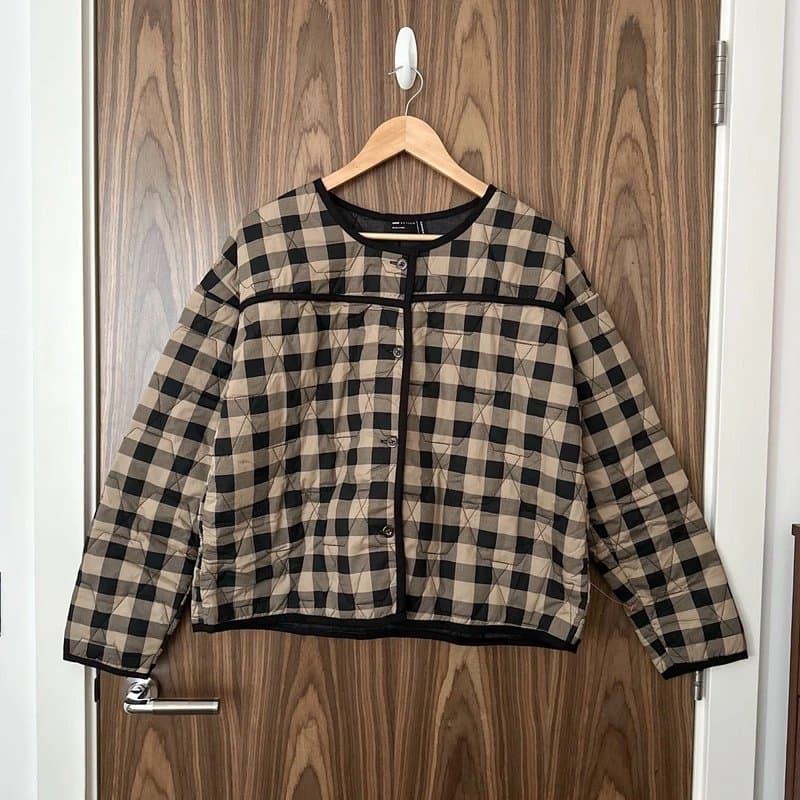 ASOS ASOS Beige Black Check Gingham Quilted Round Neck Cotton Jacket UK 16