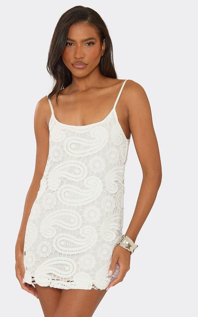 EGO Strappy A-Line Mini Dress In White Paisley Print Crochet, Women's Size UK 6 - 2