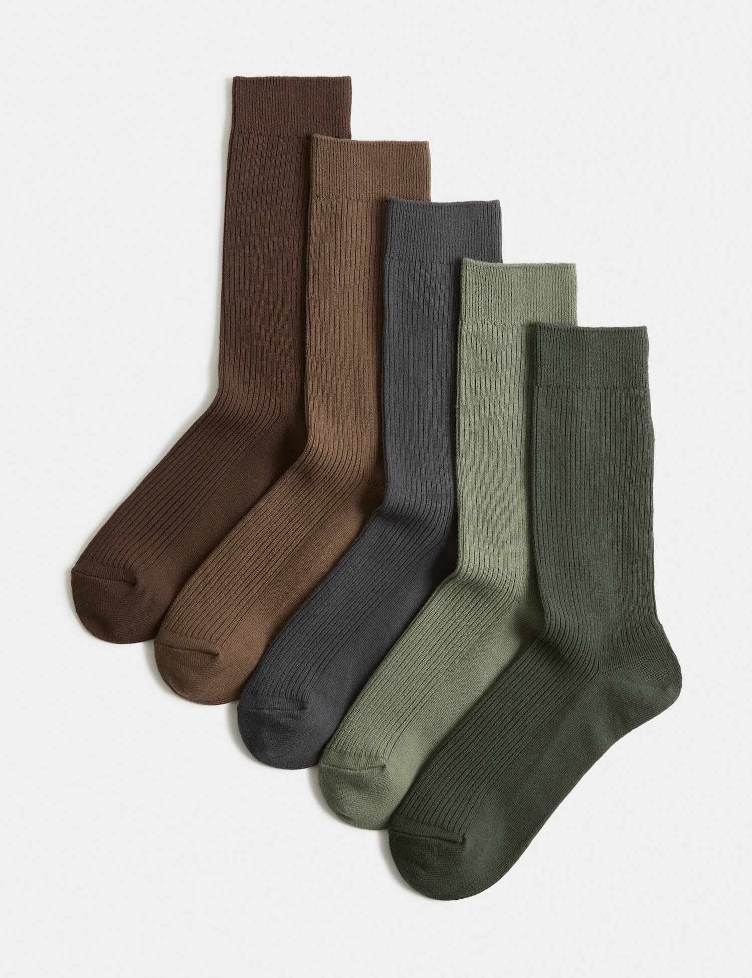 Marks & Spencer M&S 5 Pack Cotton Rich Ribbed Socks Dark Green Mix