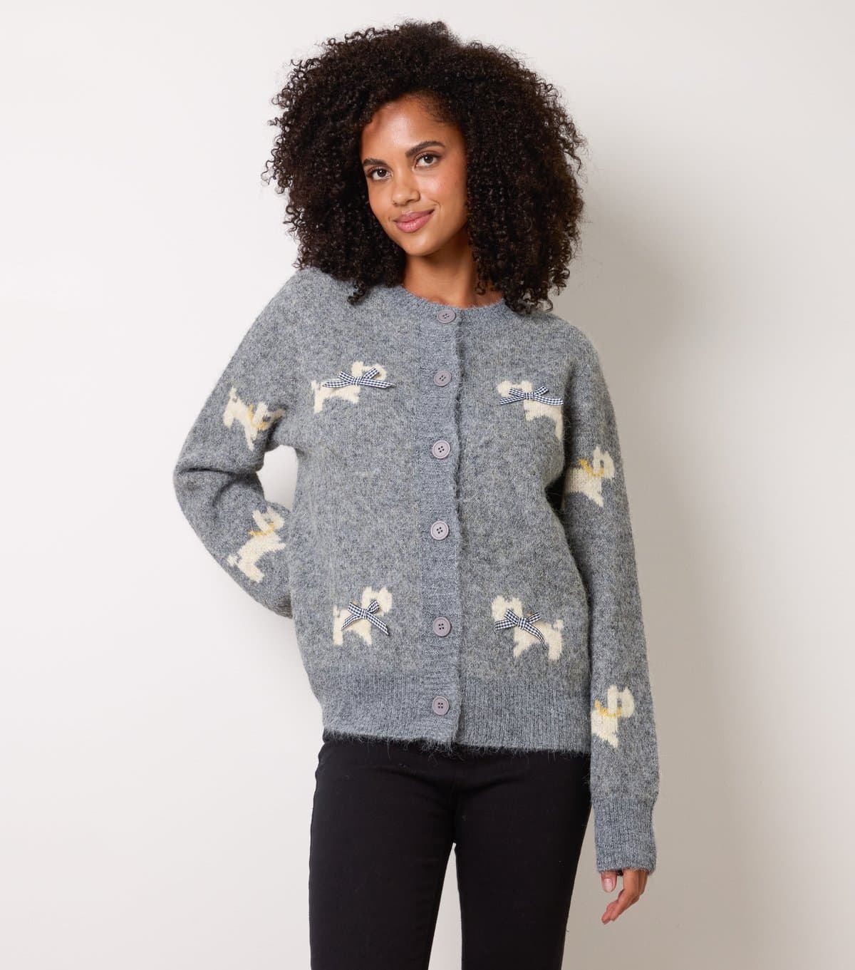 Blue Vanilla Women's Grey Button Front Dog and Bow Cardigan Blue Vanilla New Look