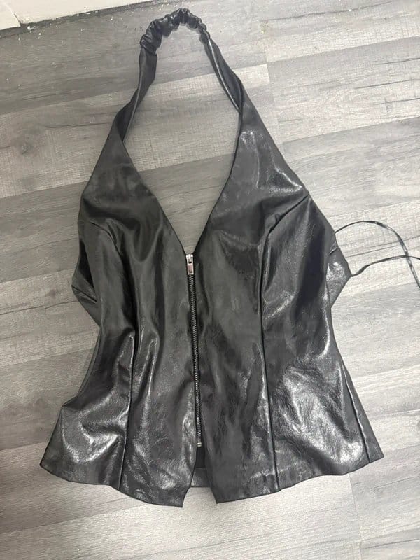 Bershka Black Faux Leather Halter Neck Top