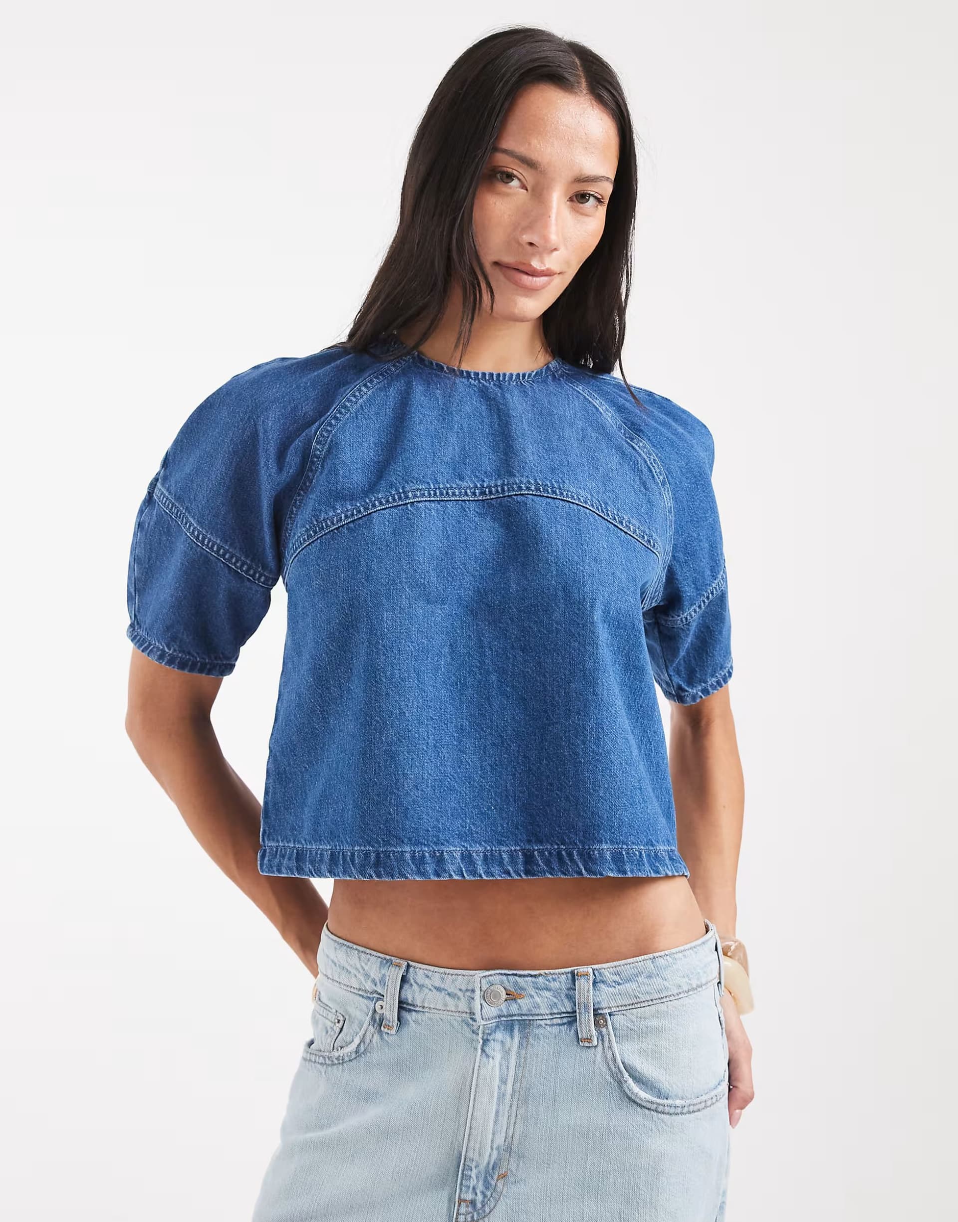 ASOS ASOS DESIGN raglan cocoon sleeve smock denim top in midwash blue co-ord