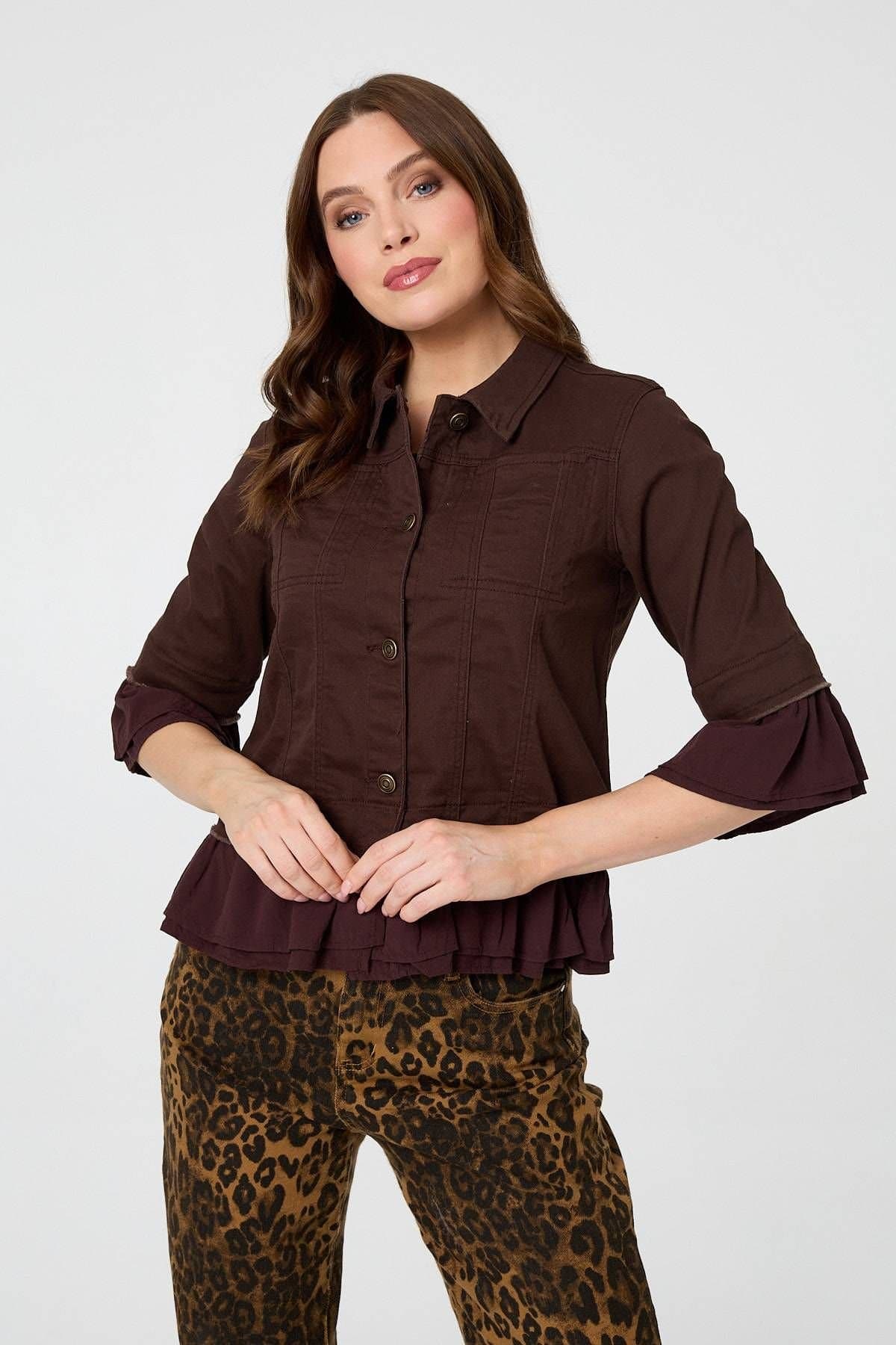 Izabel London Izabel London Women's Frilled Hem 3/4 Flare Sleeve Shirt in Brown