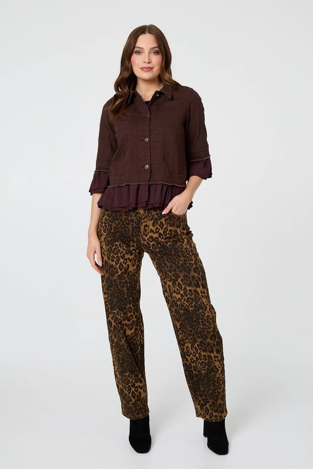 Izabel London Izabel London Women's Frilled Hem 3/4 Flare Sleeve Shirt in Brown - 2