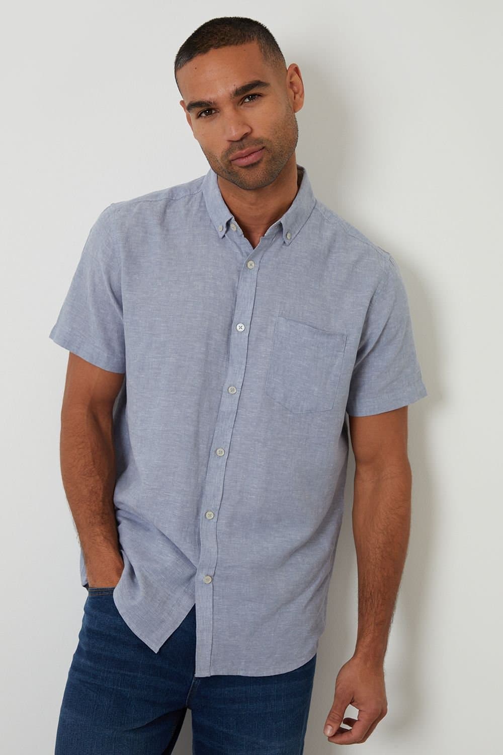 Threadbare threadbare Men's Short Sleeve Linen Blend Shirt in Blue
