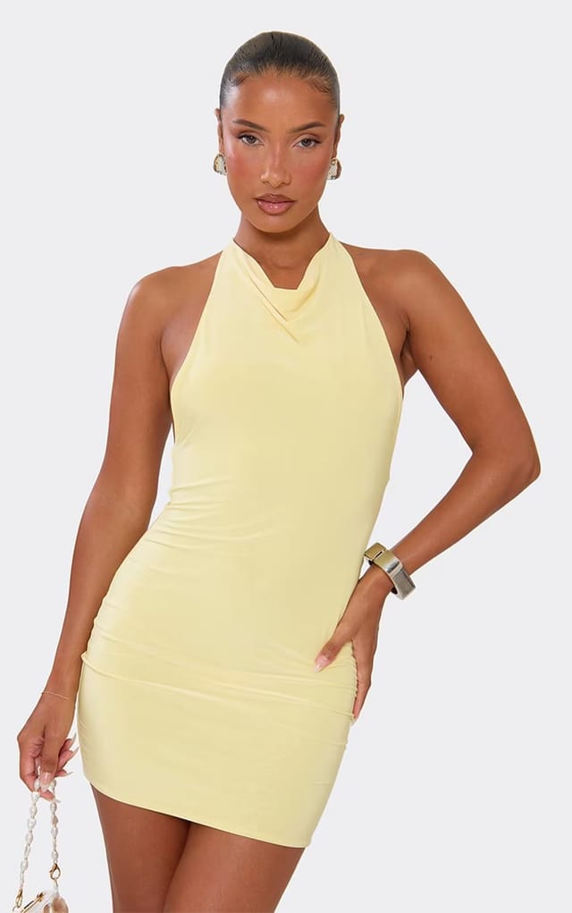 EGO Cowl Neck Strappy Back Mini Dress In Lemon, Women's Size UK 6 - 2