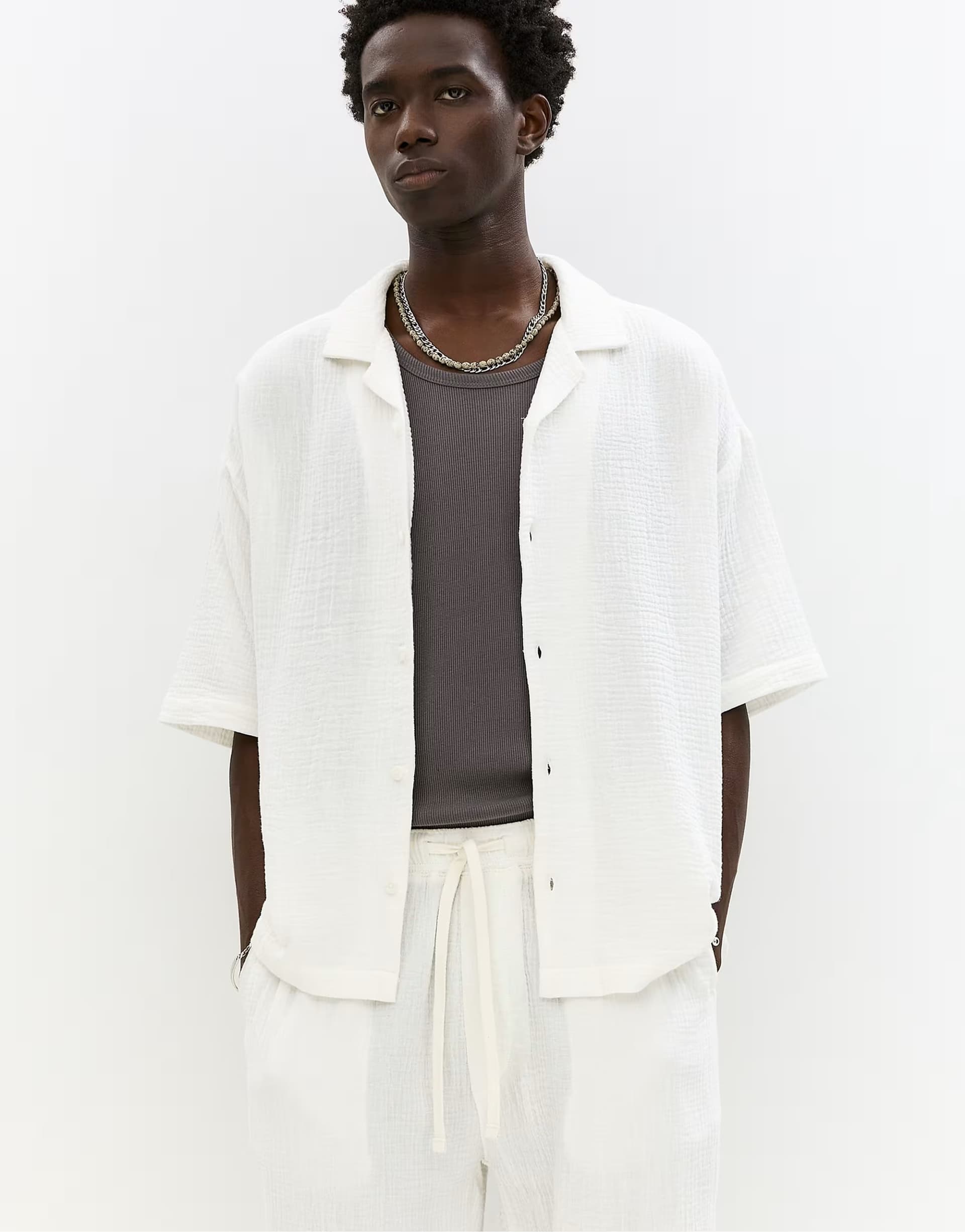 ASOS Pull&Bear short sleeve rustic shirt in off white