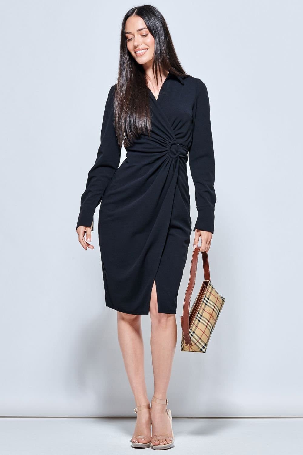 Jolie Moi Jolie Moi Black Polyester Wrap Front Shirt Dress