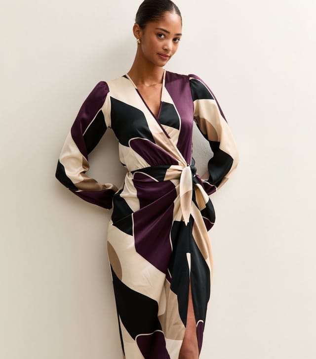 New Look Women's Purple Satin Patterned Wrap Midi Dress New Look - 3