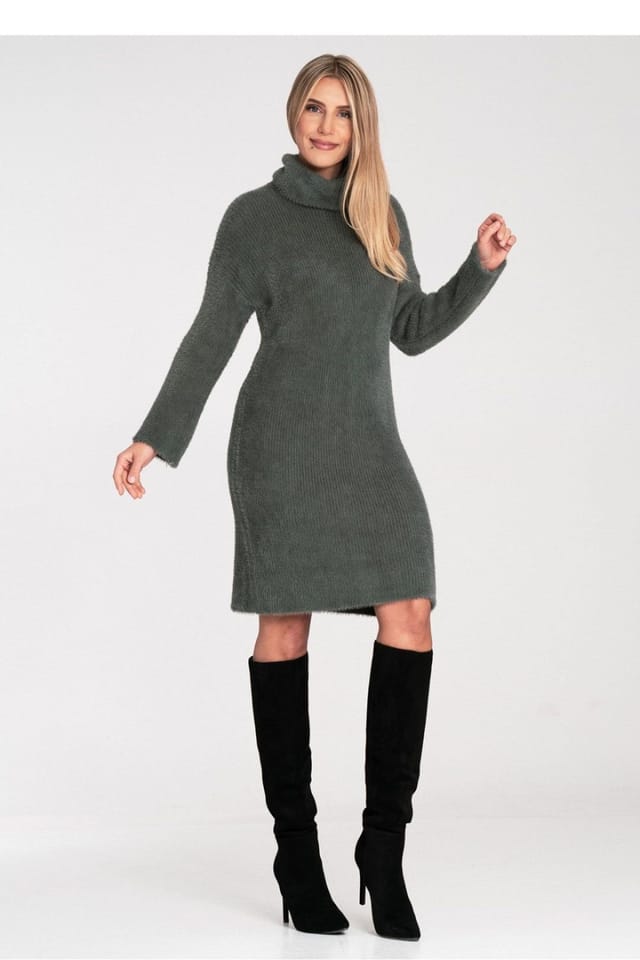 Love Lace Love Lace Women's Soft Fluffy Bell Sleeve Turtleneck Dress in Green - 2