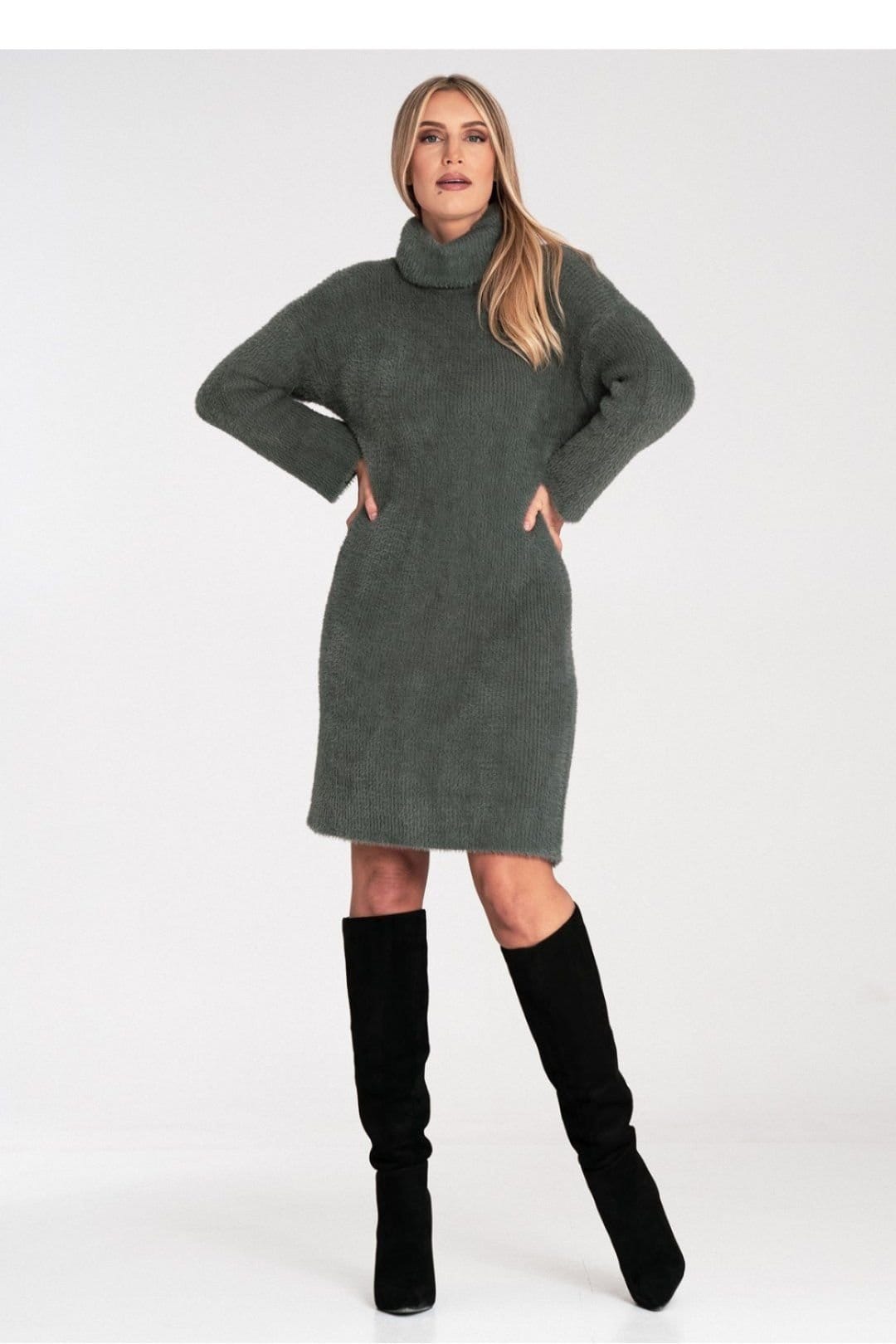 Love Lace Love Lace Women's Soft Fluffy Bell Sleeve Turtleneck Dress in Green - 4
