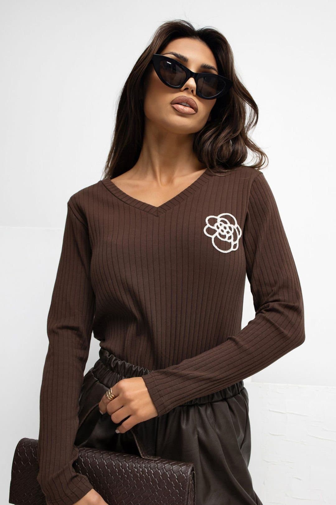 Love Lace Love Lace Women's Ribbed Cotton Elastane V Neck Blouse Style 221544 in Brown