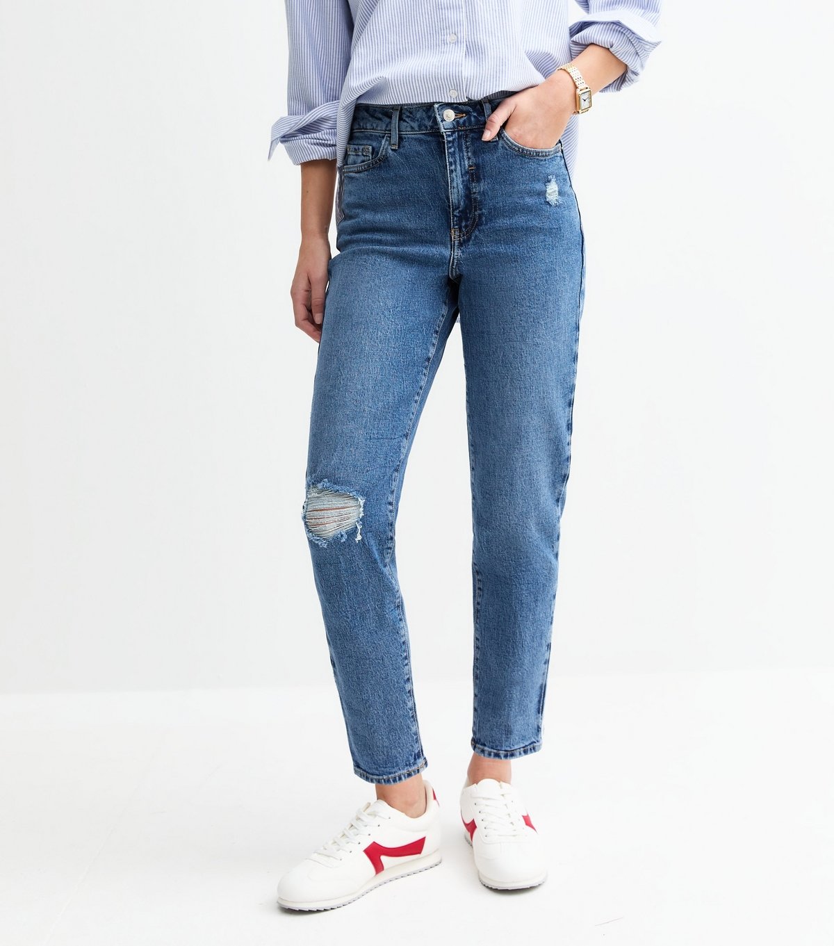 New Look Women's Blue High Waist Ripped Tori Mom Jeans New Look - 4