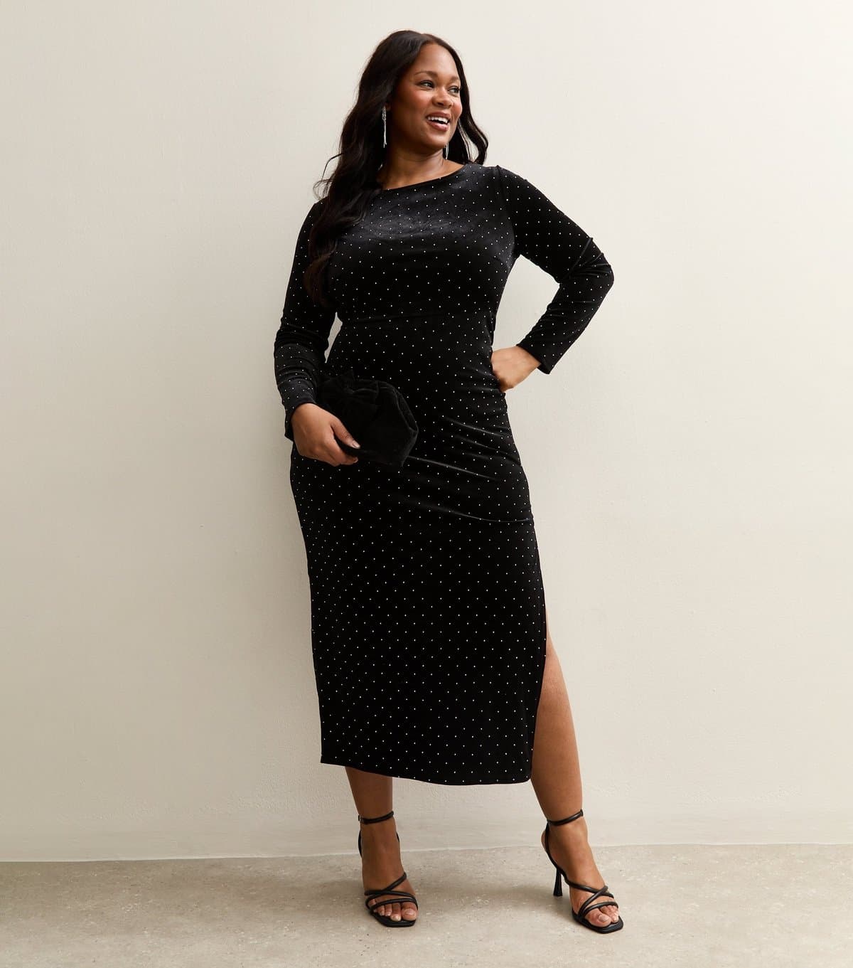 New Look Women's Plus Size Black Velvet Studded Midi Dress Curves New Look